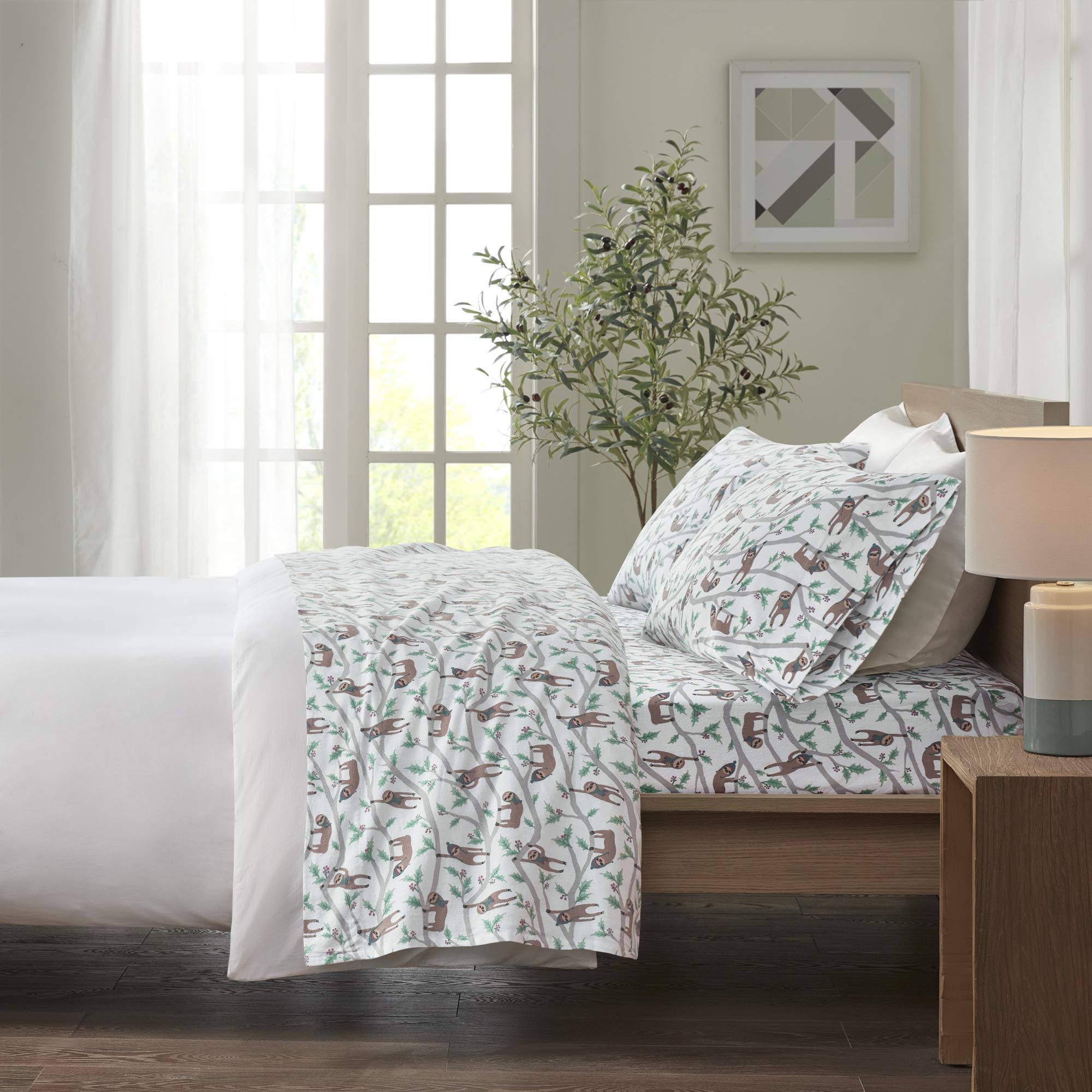 True North by Sleep Philosophy - Cozy Cotton Flannel Printed Sheet Set - King - Multi Sloth