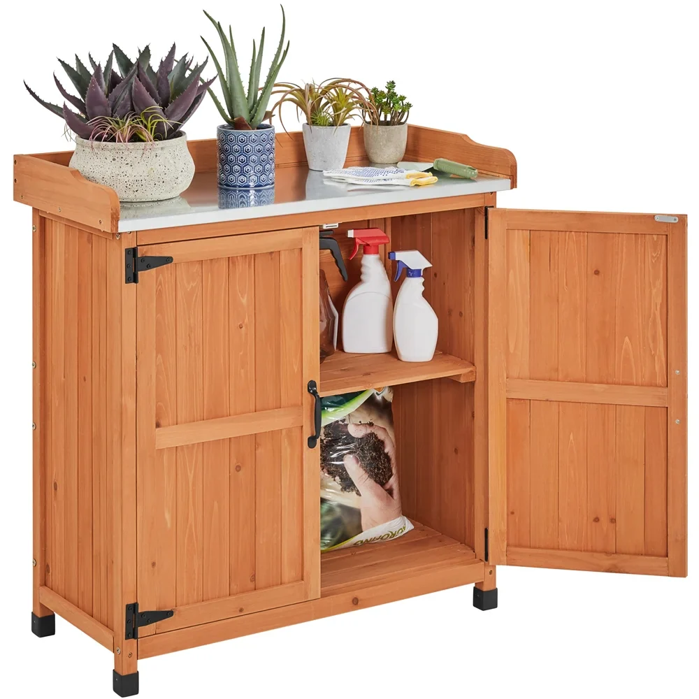 Renwick Garden Potting Bench Table with Cabinet, Brown
