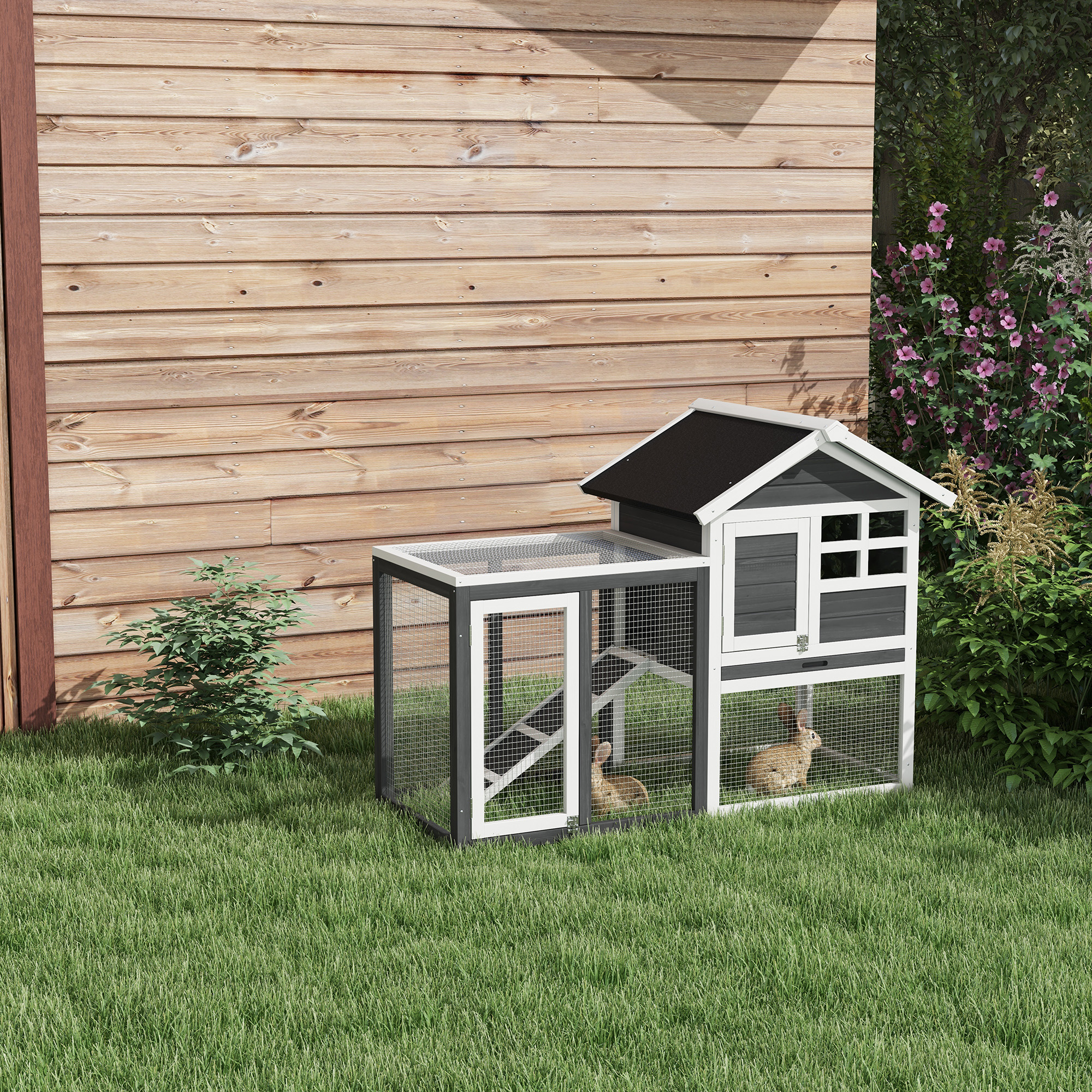 PawHut konijnenhok grijs+zwart+wit 122 x 62,6 x 92 cm