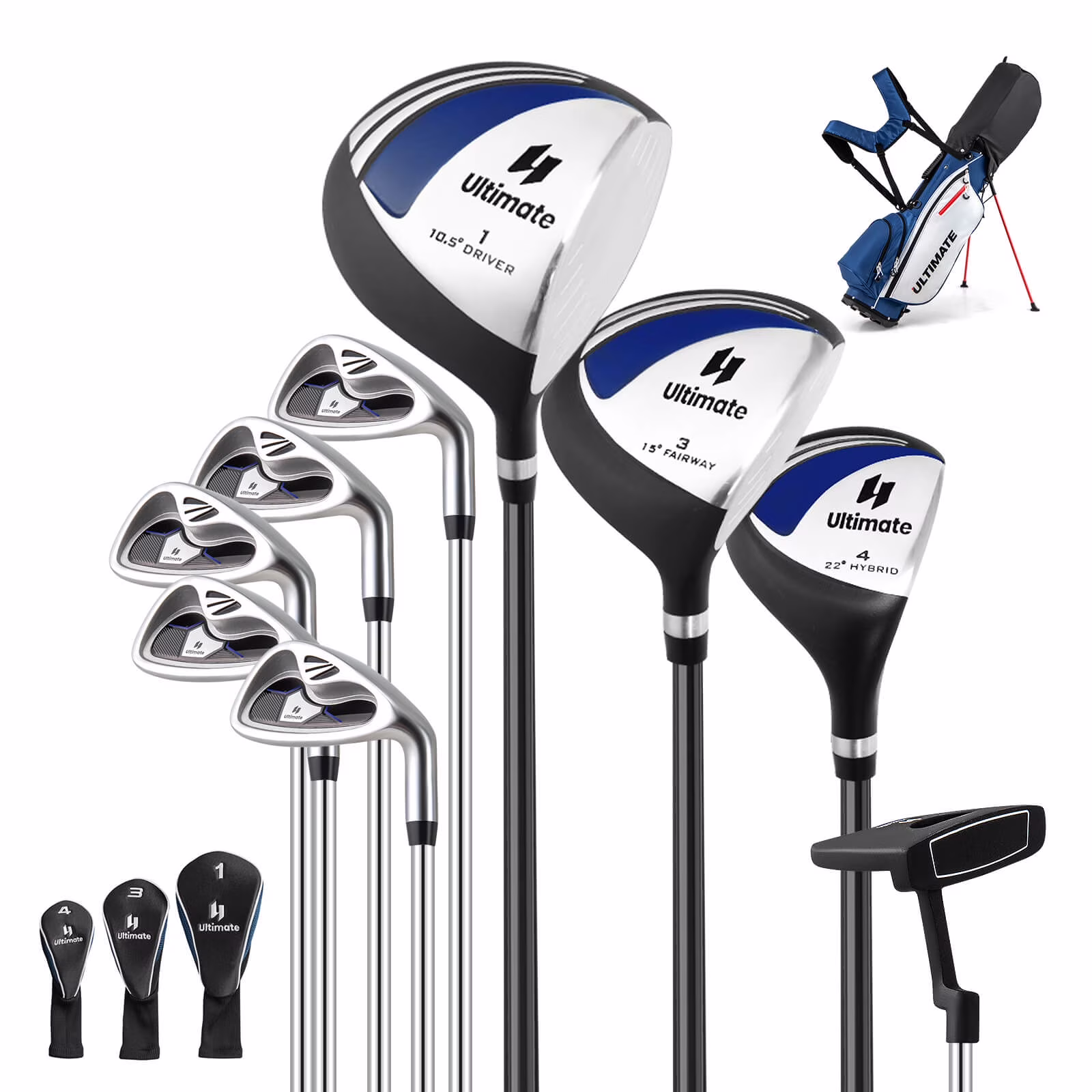 Men's Complete Golf Clubs Package Set 10 Pieces Includes Alloy Driver(White/Blue)