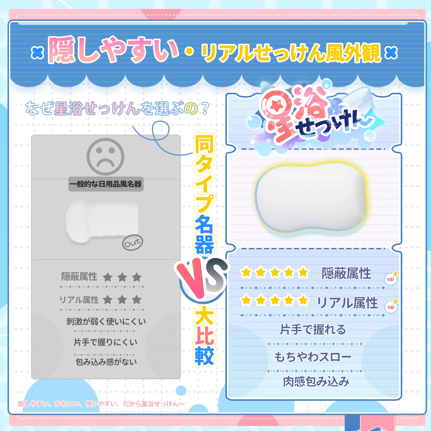 星浴ソフトソープのコンパクト外観。やわらかく弾力のあるTPE素材と手に馴染む石けん型デザイン