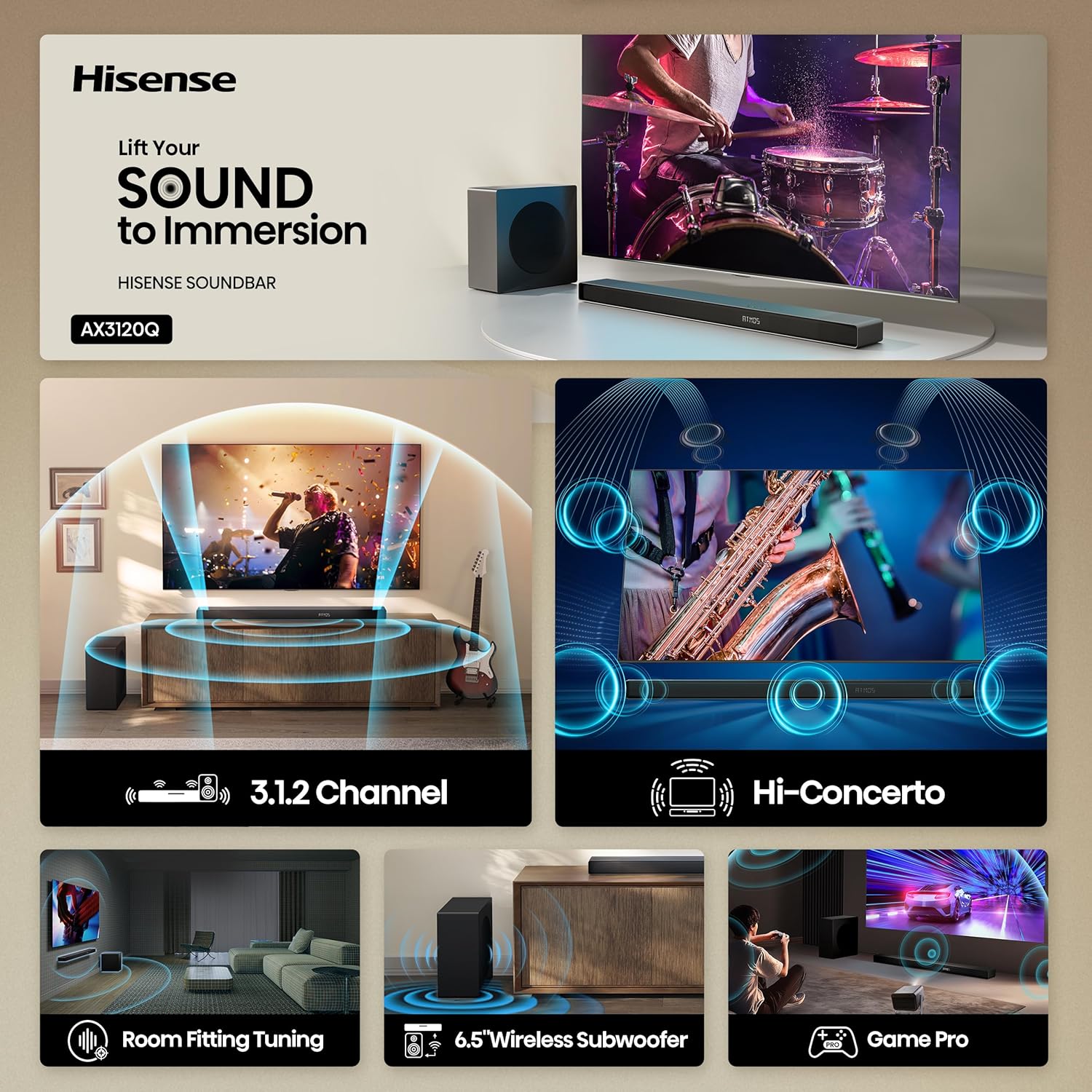 Hisense AX3120Q 3.1.2Ch Sound Bar with Wireless Subwoofer  Dolby Atmos  DTS:X  Bluetooth 5.3  Roku TV Ready  HDMI/AUX/ARC/Optical/USB  EzPlay 3.0  7 EQ Modes  Hi Concerto  Black