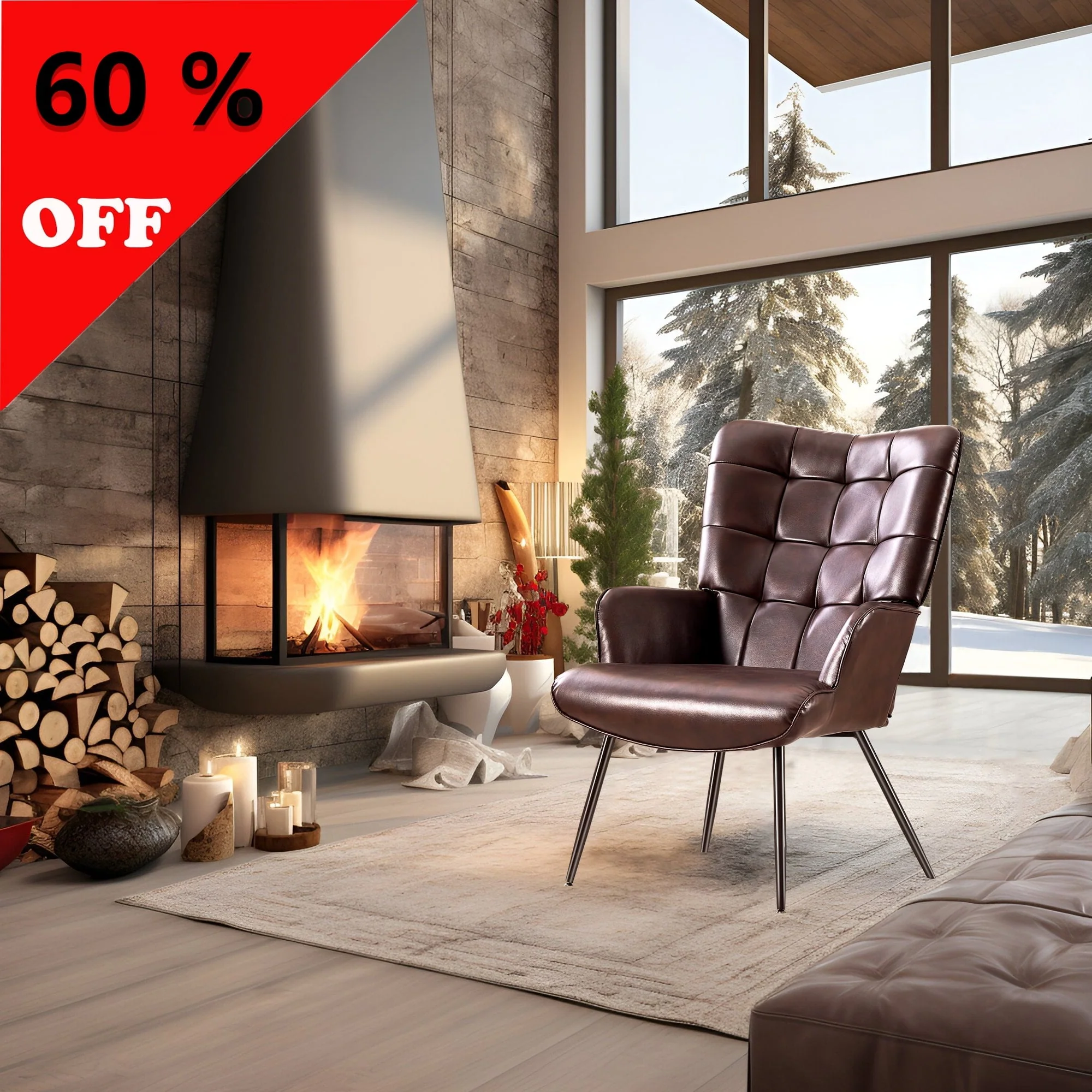 Livingroom Chair Modern Accent Chair, Faux Leather Wingback Accent Chair PU Leather Accent Chair for Home Office/Living Room/Bedroom, Maroon(Brown) Image 2