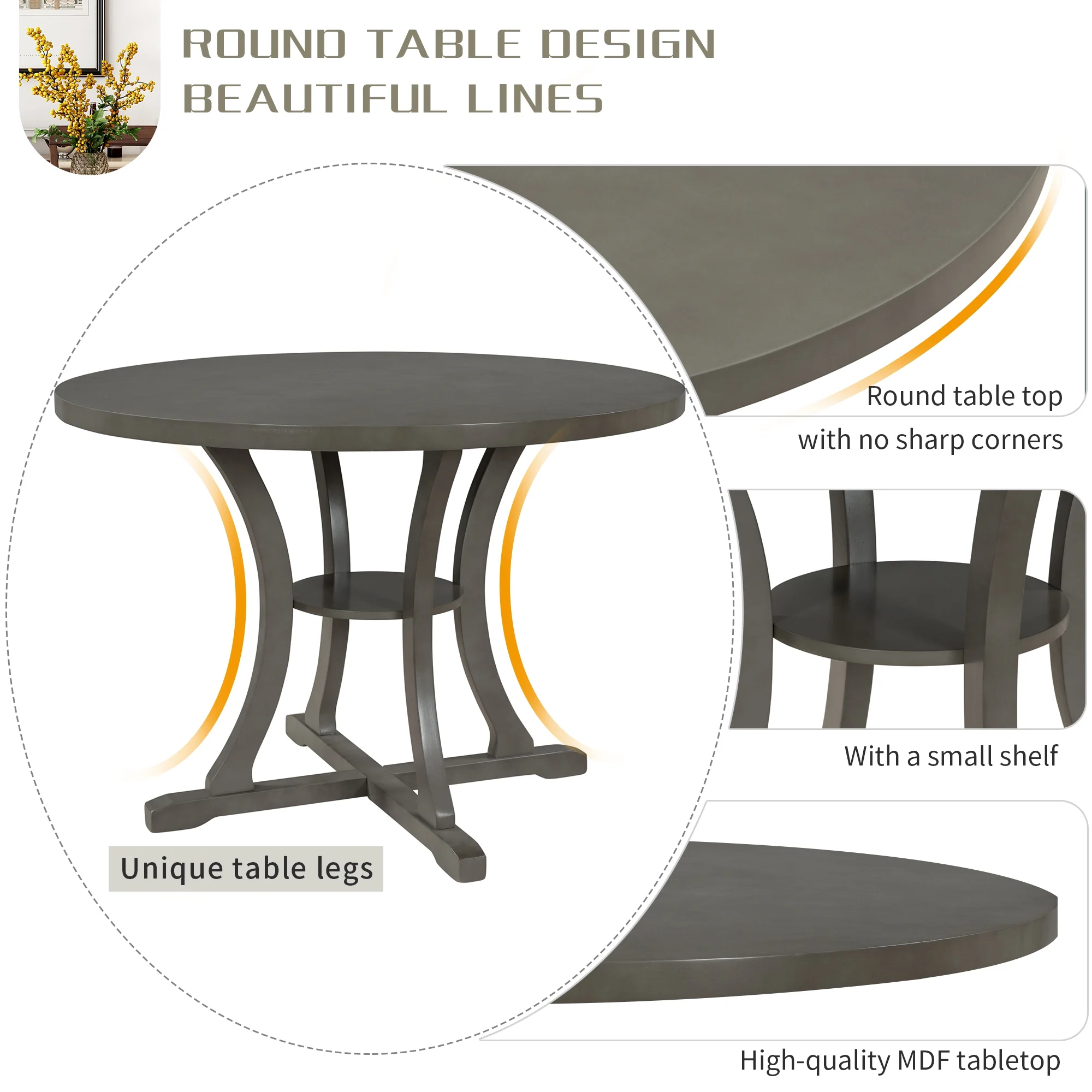 5 Pieces Wooden Round Dining Table and Chair Set with Special-shaped Legs and an Exquisitely Designed Hollow Chair Back for Dining Room(# 3:Gray (Round)) - Image 10