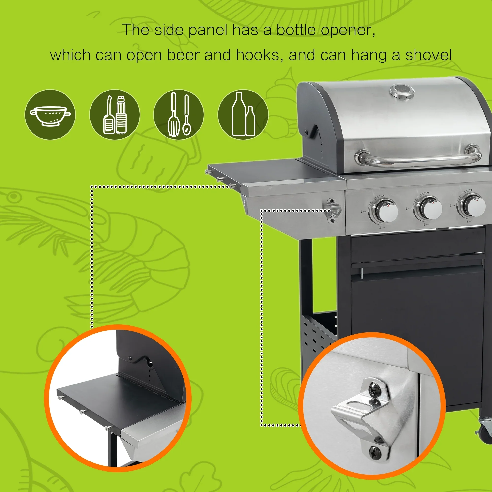 Furnibear 4 Burner BBQ Propane Gas Grill, Stainless Steel 34,000 BTU Patio Garden Barbecue Grill with Two Foldable Shelves