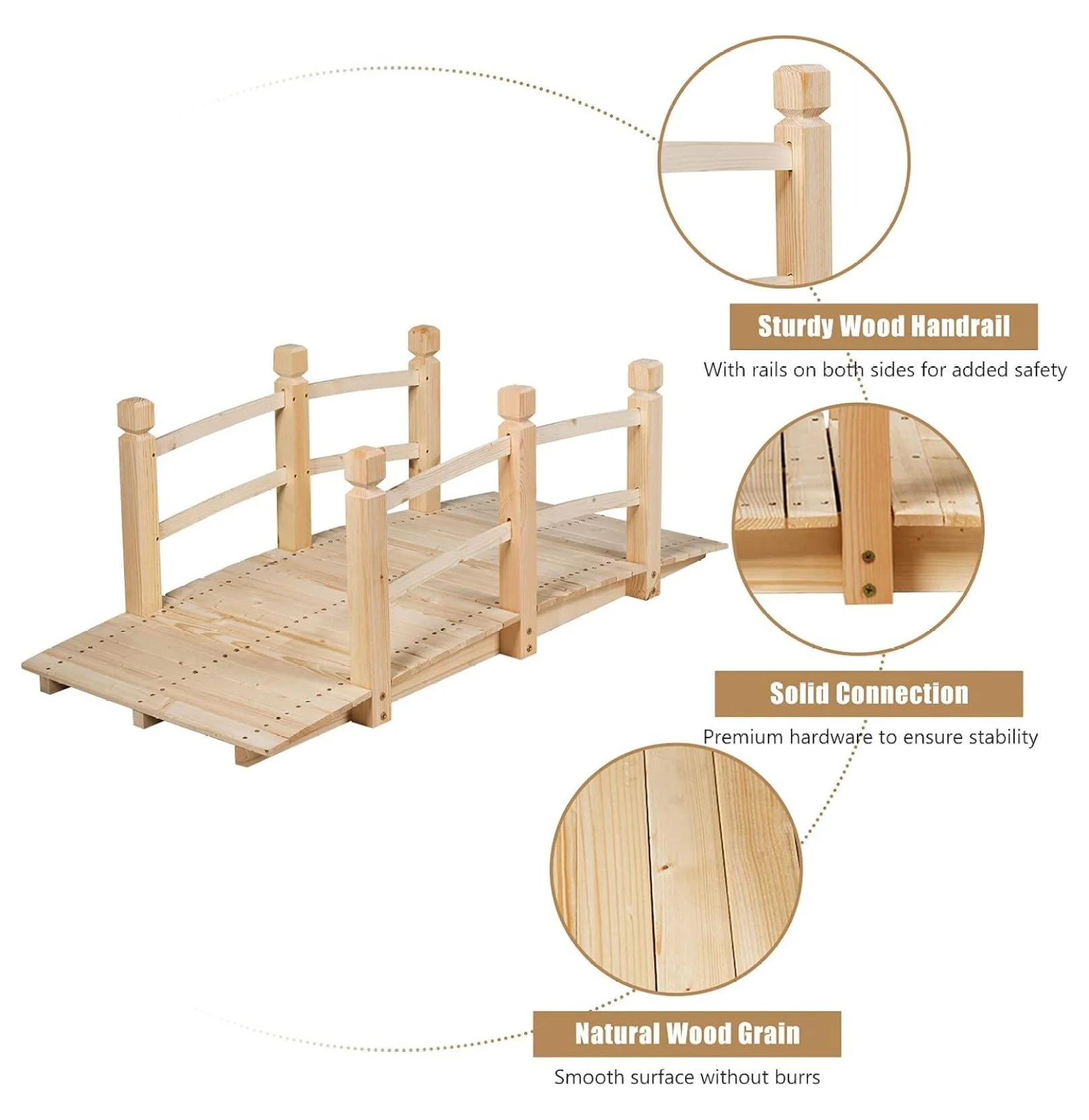Garden Bridge, 5FT Wooden Arc Footbridge for Outdoors with Safety Guardrails, Decorative Landscaping for Garden Yard Walkway Creek Farm, 400 LBS Capacity (Natural Finished) Image 6