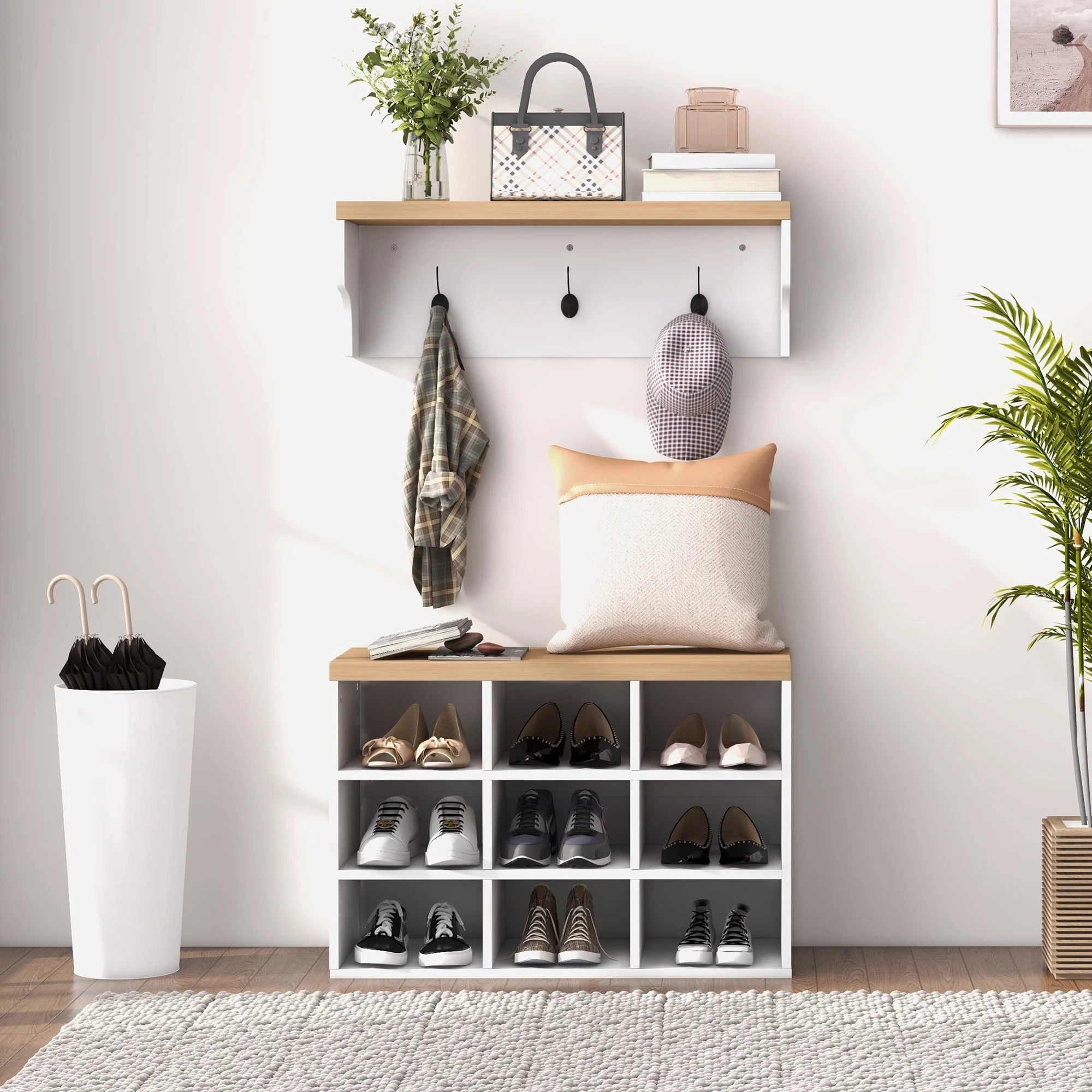 Homiyad 2-in-1 Coat Rack Shoe Bench Set, 5-Hook Hall Tree with Bench and Shoe Storage for 9 Pairs of Shoes for Entryway, Hallway, White