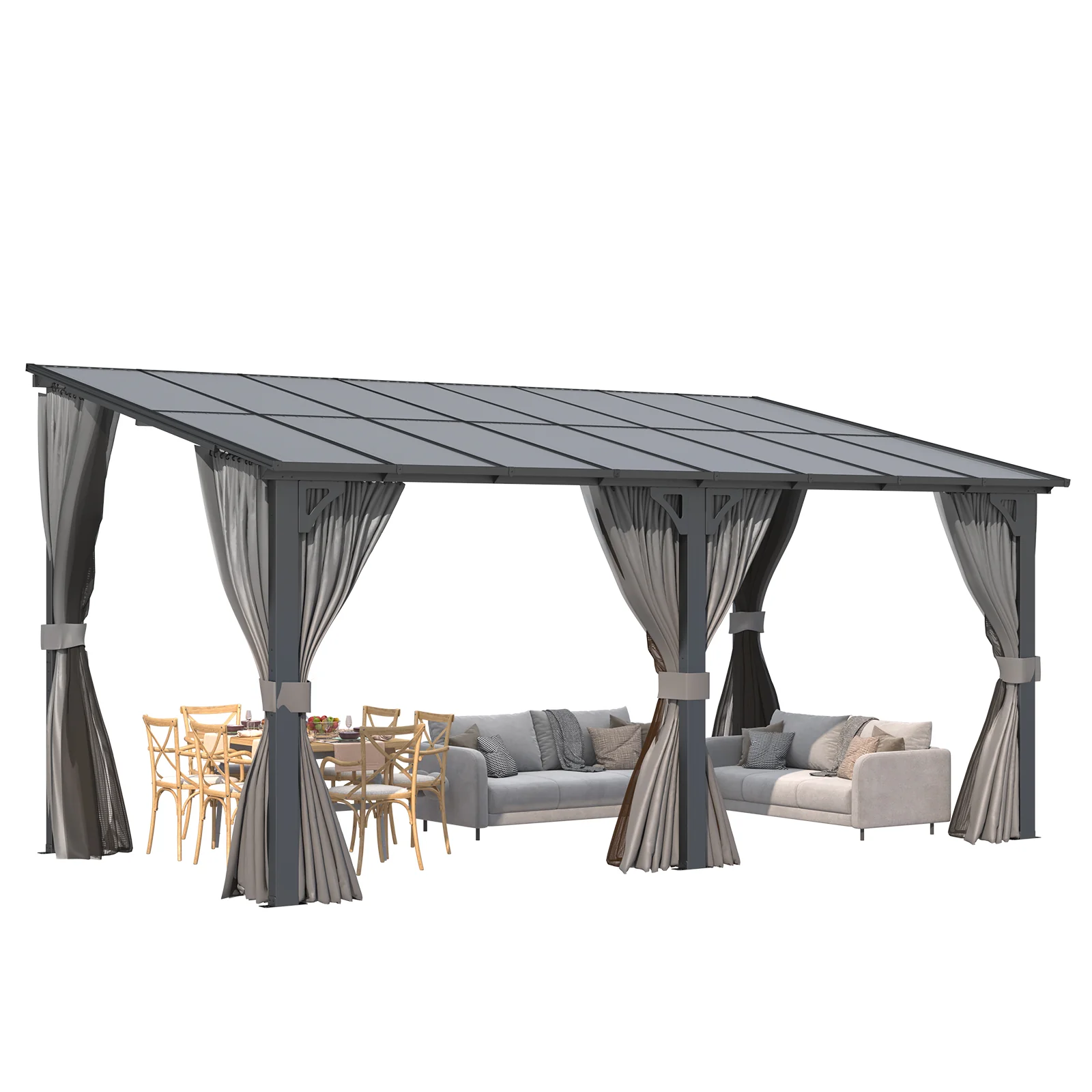 AECOJOY 16'x12' Wall Gazebo with Curtains and Mosquito Netting, Gray