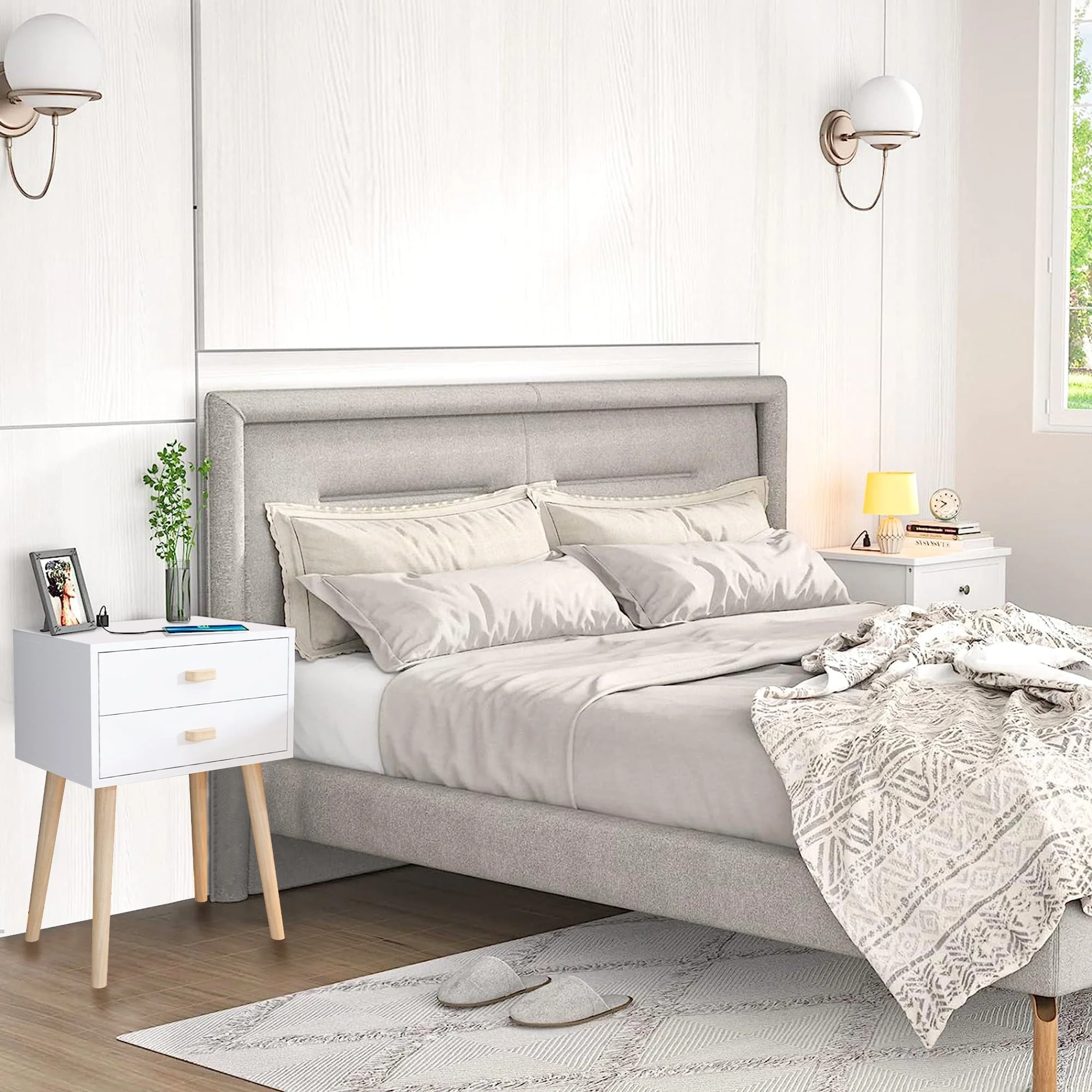 Nightstand Set of 2, Bedroom Bedside Table with 2 Drawer Storage Shelf, Simple Modern Night Stand End Table with Wood Handle, Easy assembly, Suitable for Living Room Bedroom Furniture, White(Style 1#White) Image 8