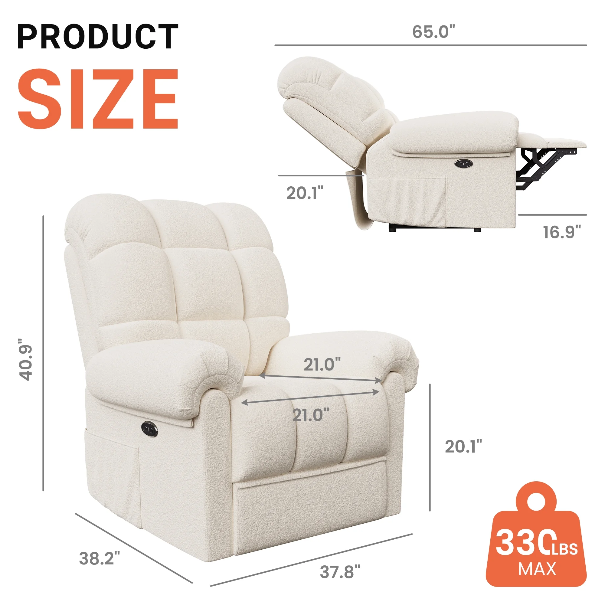 Power Recliner Chair,Electric Recline Sofa Chair for Adults with USB Port,Comfy Teddy Fleece Adjustable Cloud Sofa,Tool-Free Setup,Beige White(Off White) - Image 9