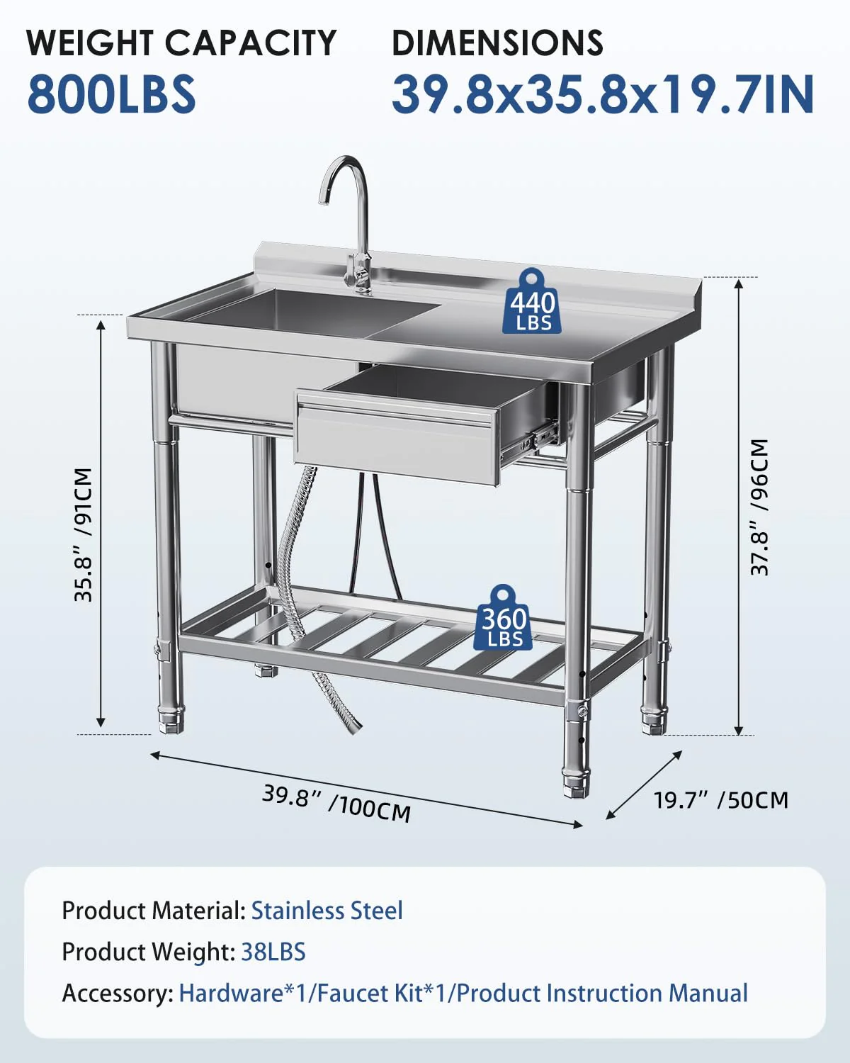 AECOJOY Stainless Steel Utility Sink, Free Standing Single Bowl Commercial Kitchen Sinks with Faucet