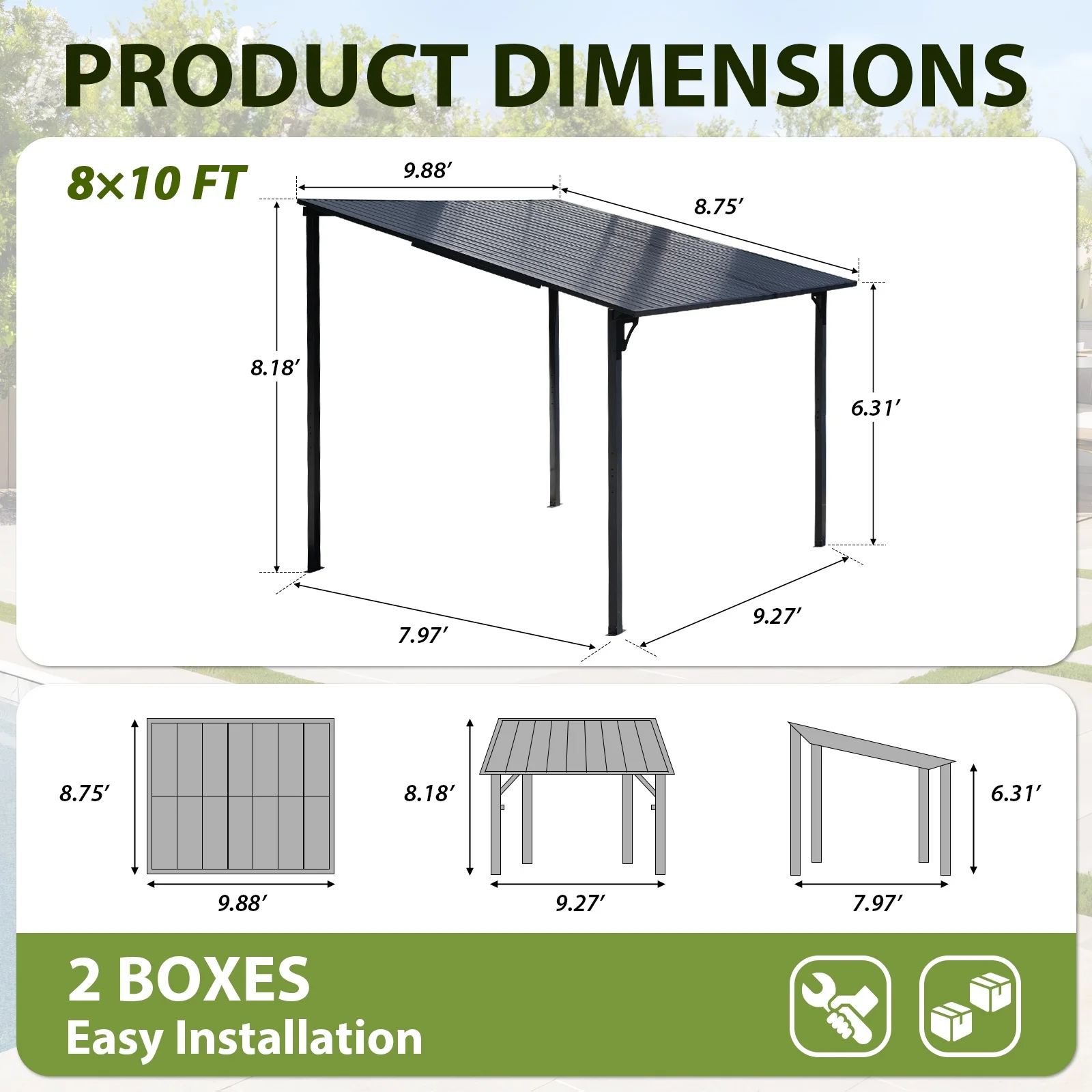 8' x 10' Outdoor Lean to Gazebo, Hardtop Wall Mounted Gazebo with Sloping Roof, Awnings for Patio with All-Iron Frame, Pergolas for Patio, Backyard, Deck(8' x 10') - Image 7