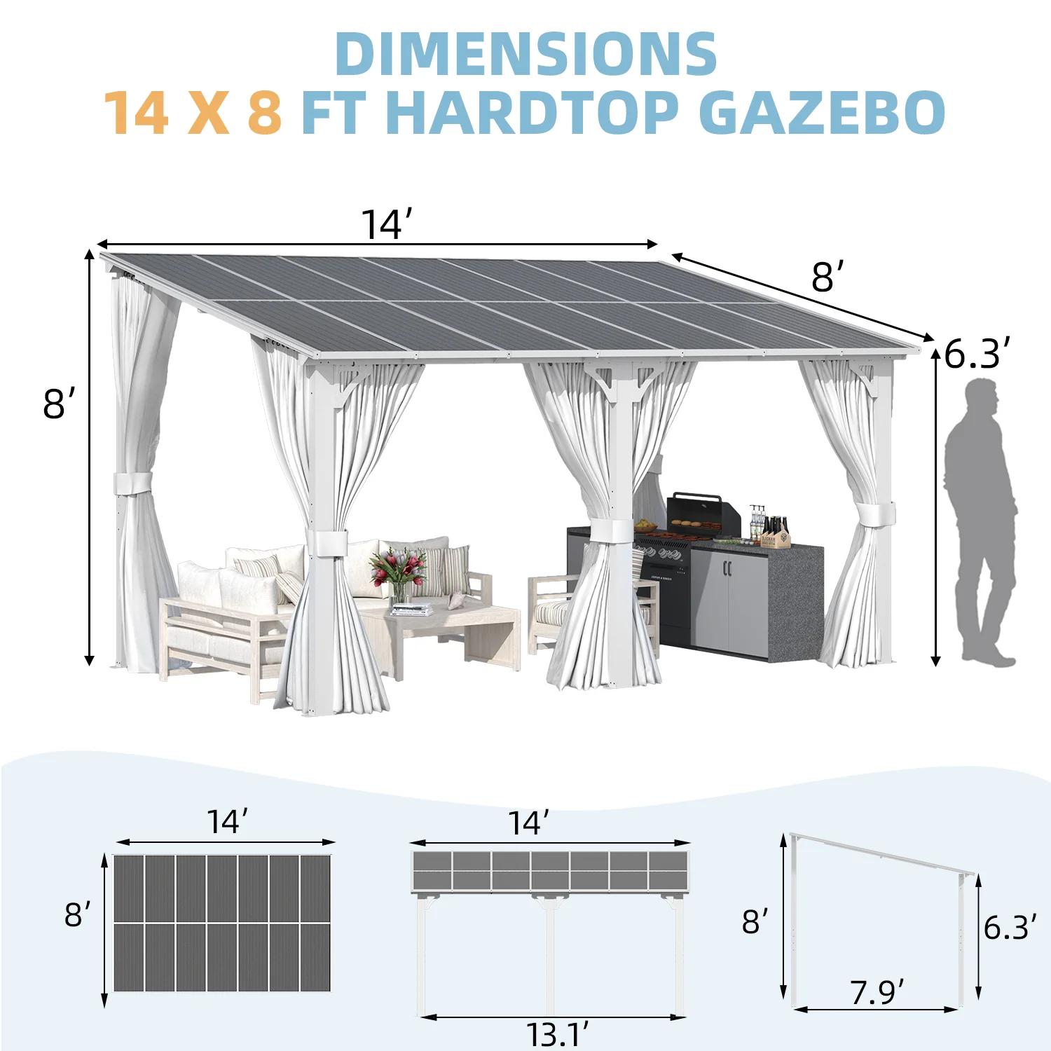 AECOJOY 14'x8' Wall Gazebo with Curtains and Mosquito Netting, White