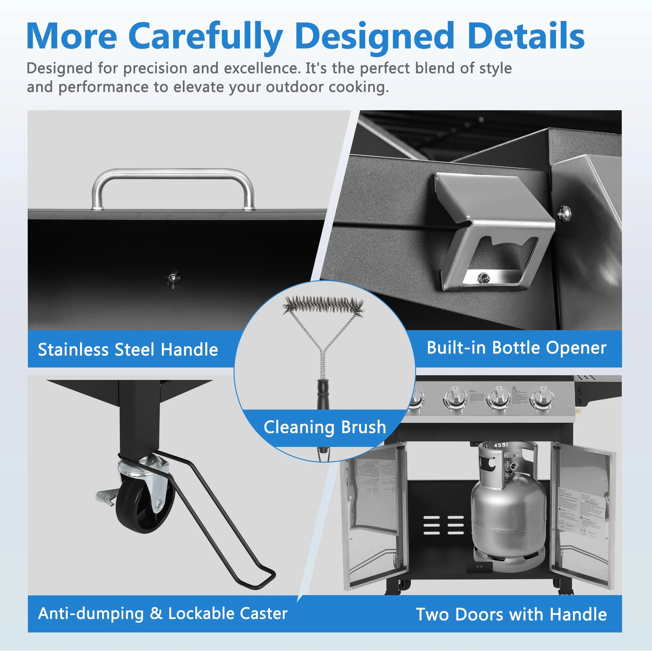 4 Burner BBQ Propane Gas Grill, Stainless Steel 40,000 BTU Patio Garden Barbecue Grill with Folding Side Tables, Cleaning Brush Thermometer, Perfect for Camping, Outdoor Cooking(4-Burner) - Image 7