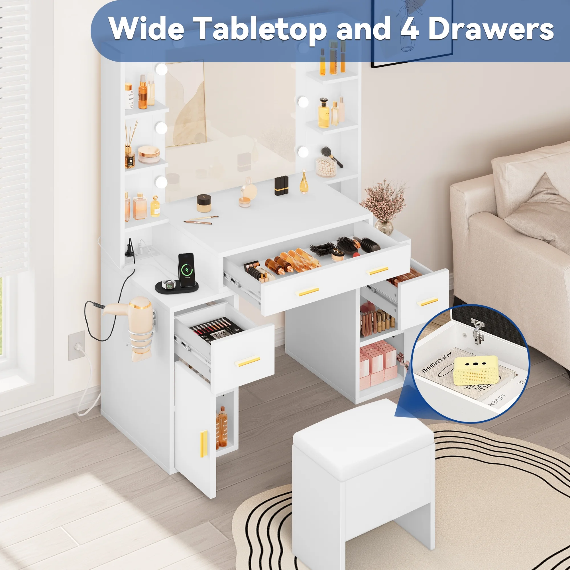 Dextrus Elegant Makeup Vanity Set with Lighted Mirror and Drawers, White Makeup Desk, Dressing Table for Girls