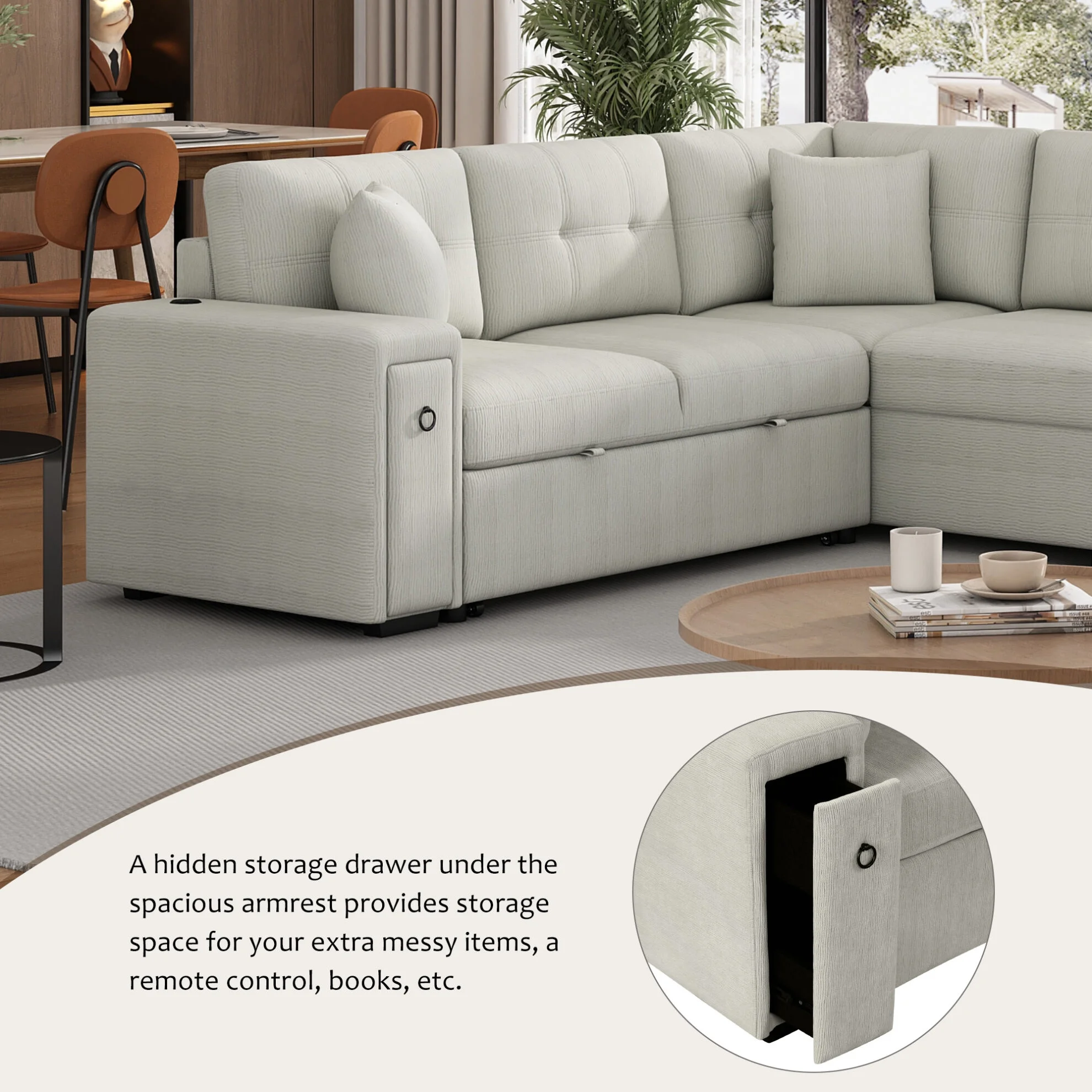 87" Modular Sectional Sleeper Sofa with Pull Out Bed, Convertible L-Shaped Couch with Ottoman, USB Ports and Two Cup Holders for Living Room, Apartment, Bedroom, Gray(Grey) - Image 6