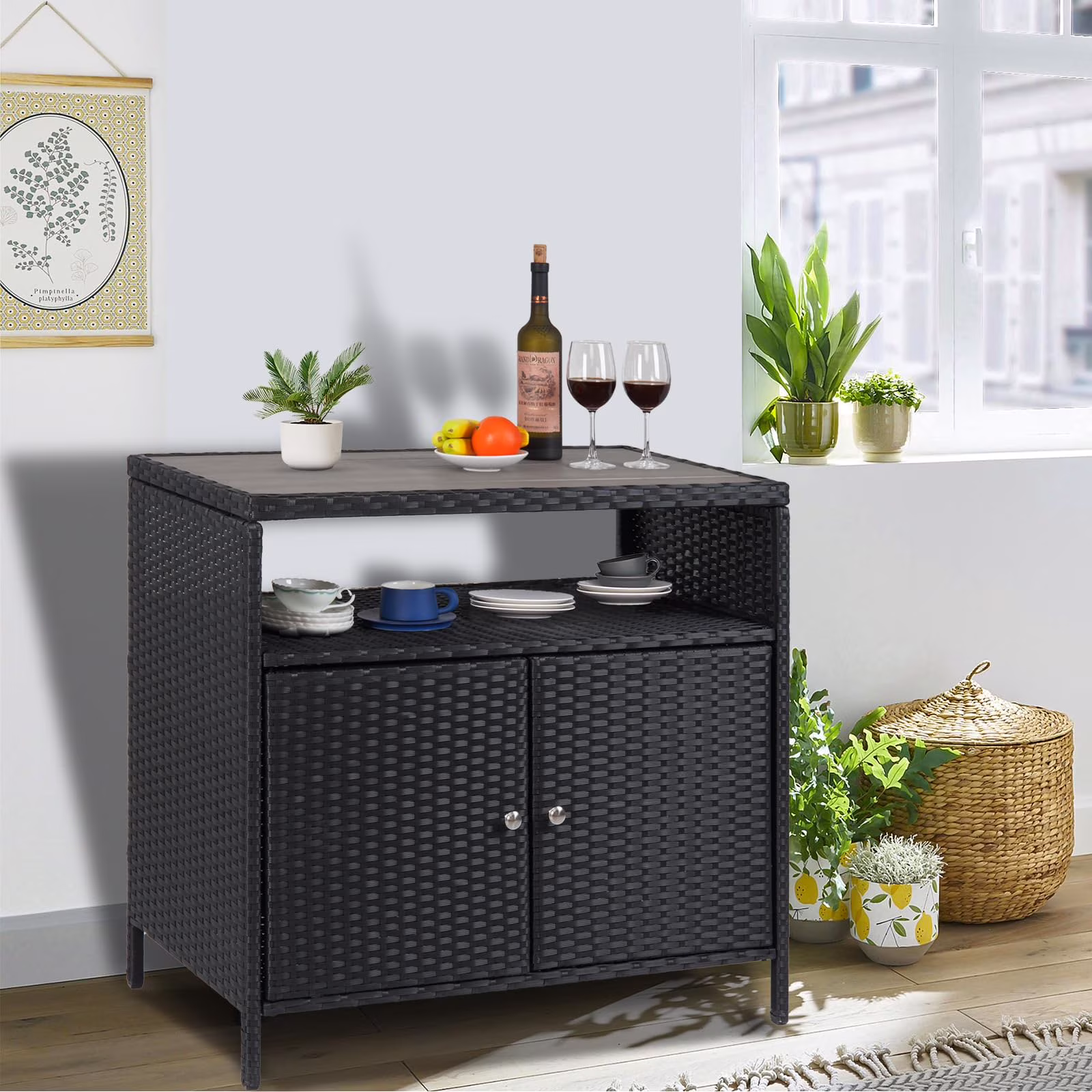 M optimized Patio Outdoor Wicker Storage Cabinet with Shelf, Patio Bar Table with 2-Door and Shelf, All Weather Resin Wicker, Patio Pool Garden Kitchen