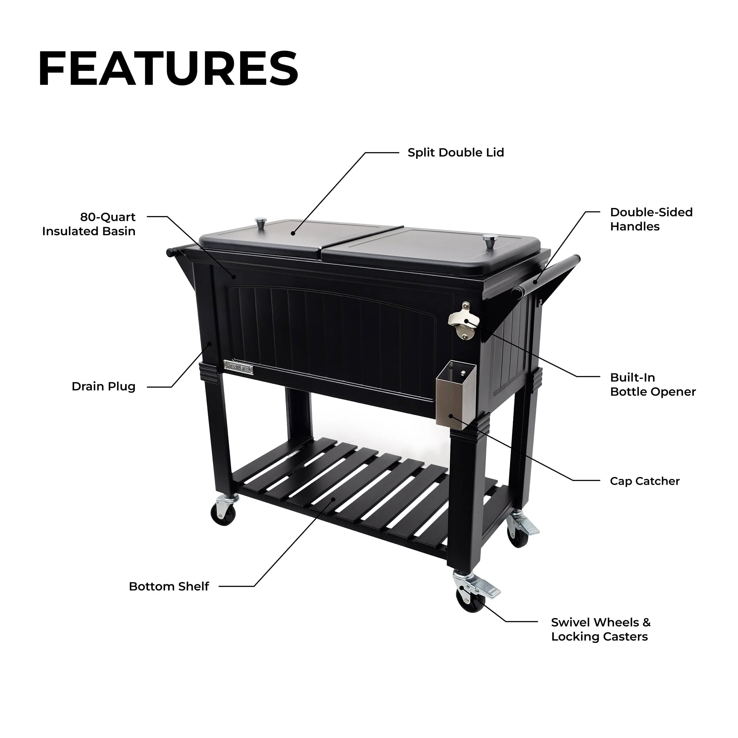 80 Qt Antique Outdoor Steel Patio Cooler on Wheels, Rolling Cooler Cart, Wooden Teak Style, Black(Black) Image 6