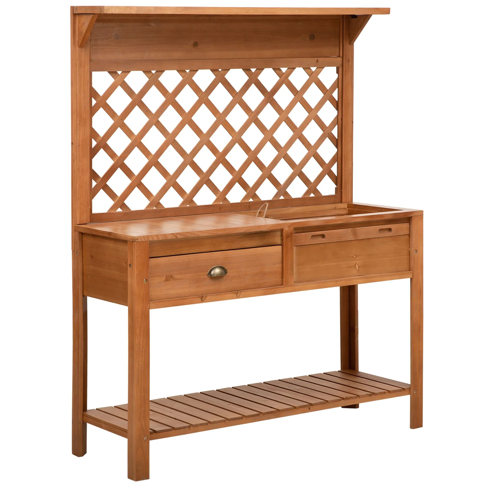 Outsunny Garden Potting Bench, Outdoor Wooden Workstation Table w/ Metal Screen, Drawer, Hooks, Storage Shelf, and Lattice Back for Patio and Porch