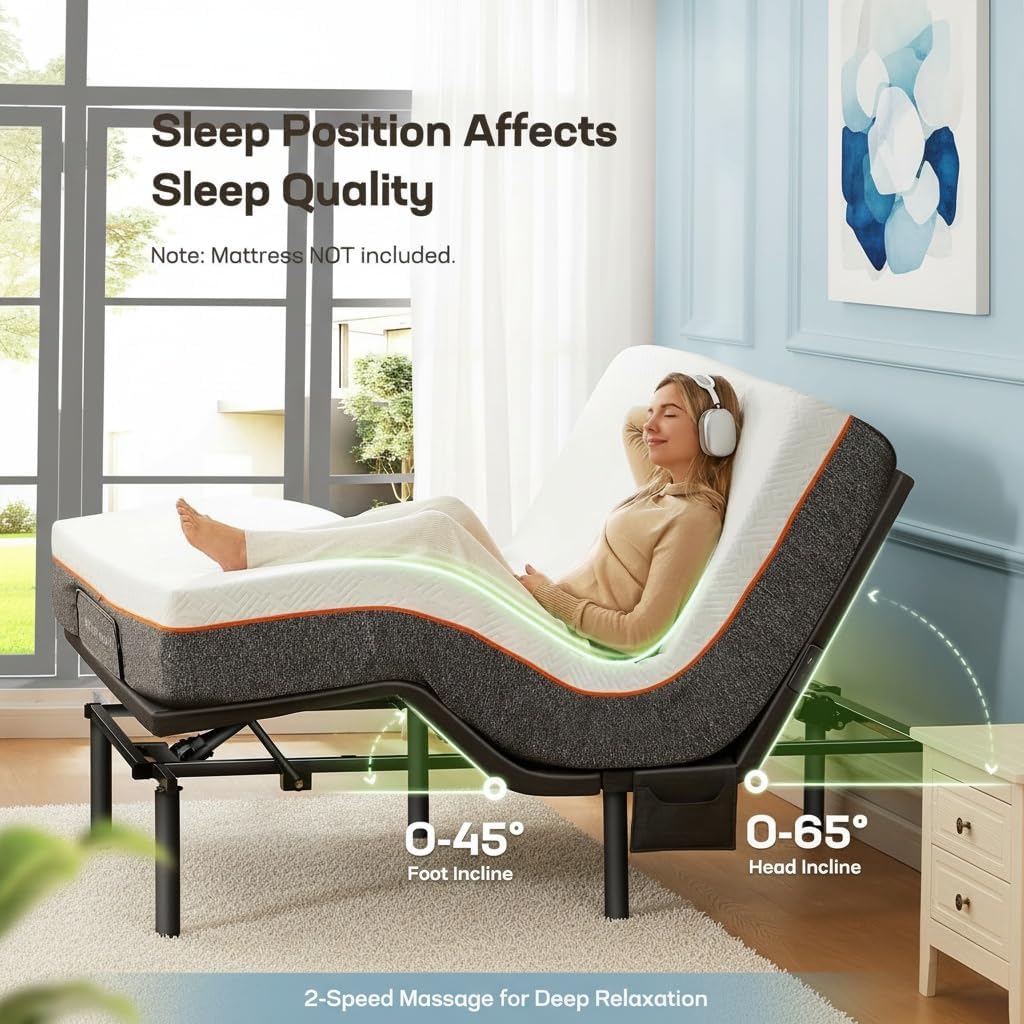 Marsail MS01-2 Split King Adjustable Base with Massage, Wireless Remote, 4 Adjustable Heights, Nightlight, 3 Minutes Fast Assembly