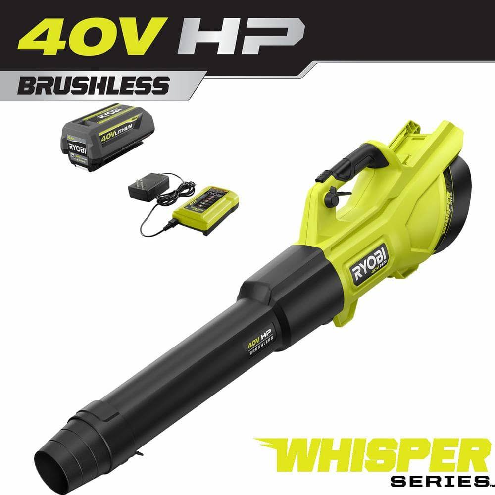 Ryobi RY404130 40V HP Brushless Whisper Series 155 MPH 600 CFM Cordless Battery Leaf Blower with 4.0 Ah Battery and Charger