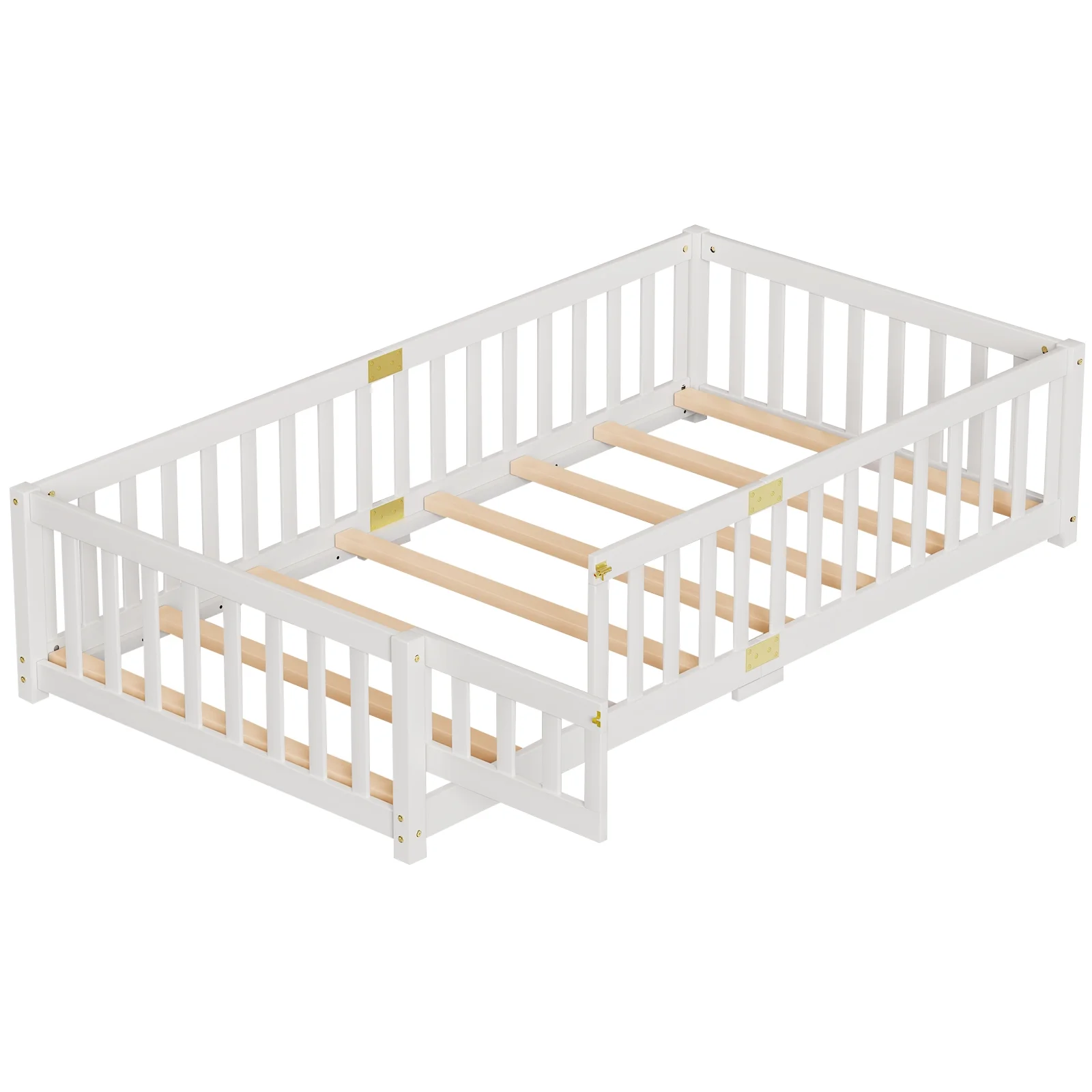 Twin Size Toddler Floor Bed, Solid Wood Montessori Bed Frame with Fence Door Montessori Floor Bed Crib with Safety Guardrails for Girls and Boys(White Twin) - Image 8