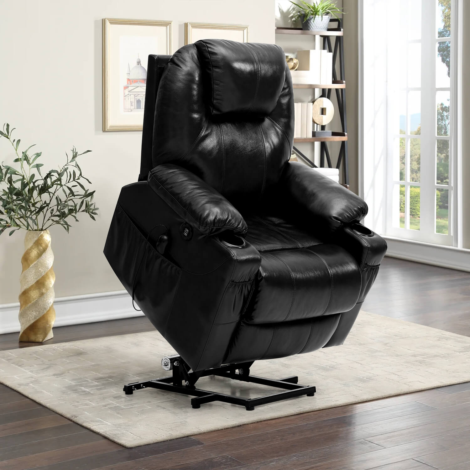 Fauteuil releveur électrique 3 positions avec repose-talon et massage, revêtement en cuir véritable