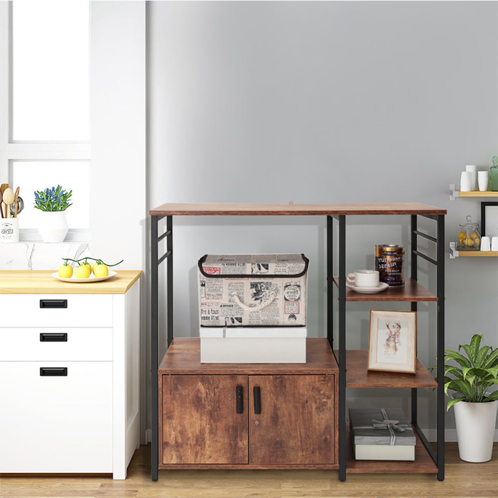 Kitchen Baker's Rack with Storage and 8 Hooks. 4 Tier Microwave Stand with Cabinet. Coffee Bar Station for Small Space. Rustic Brown