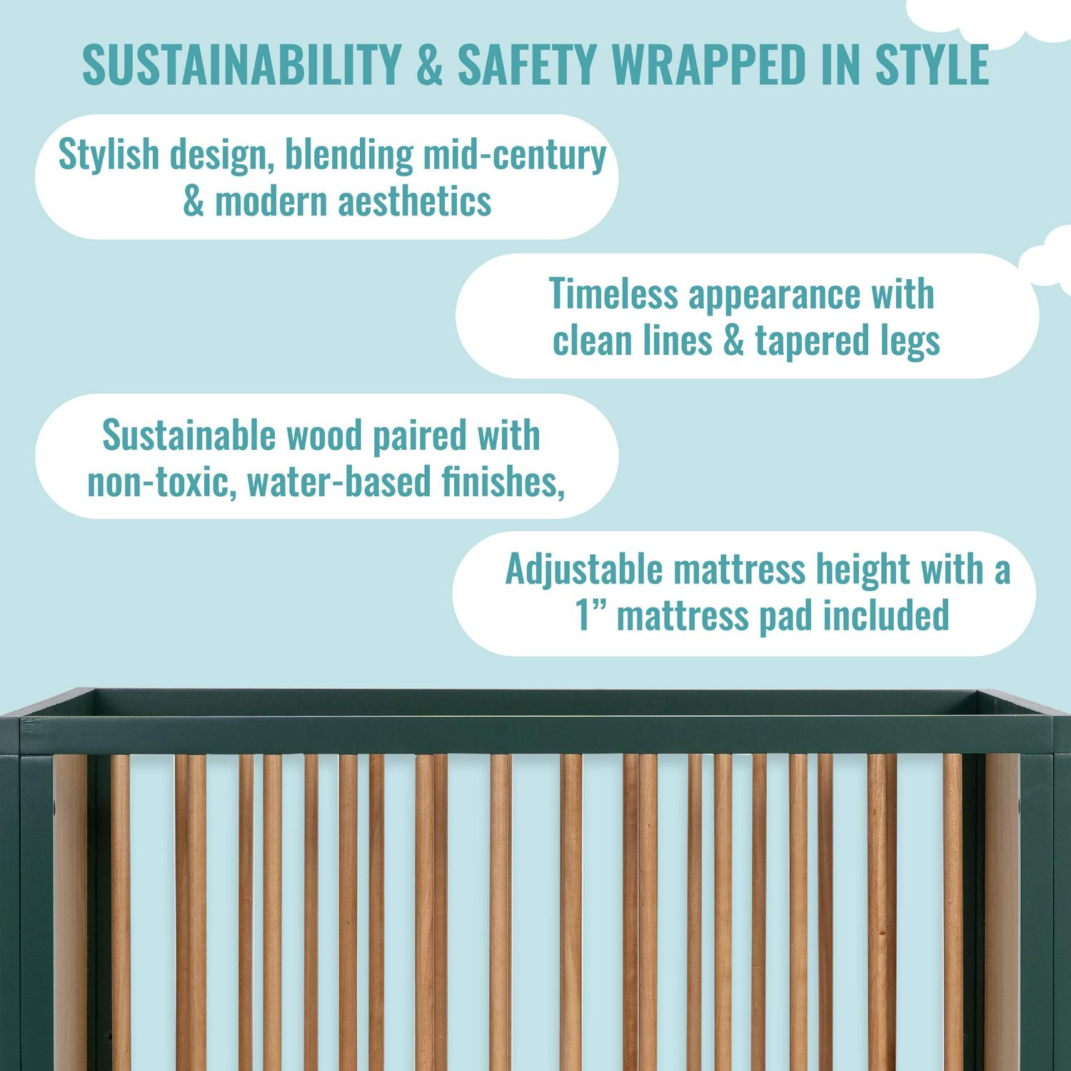 Lucas Mini Modern Crib With Rounded Spindles I Convertible Crib I Mid- Century Meets Modern I Portable Crib - Image 5