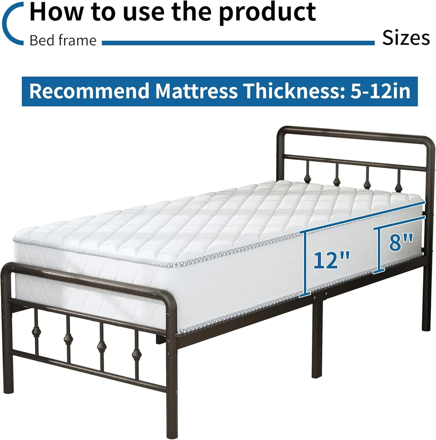 16 Inch Twin XL Bed Frame with Headboard and Footboard, Classic Metal Platform No Box Spring Needed Heavy Duty Victorian Style Iron-Art Mattress Foundation, Under Bed Storage, Brown - Image 4