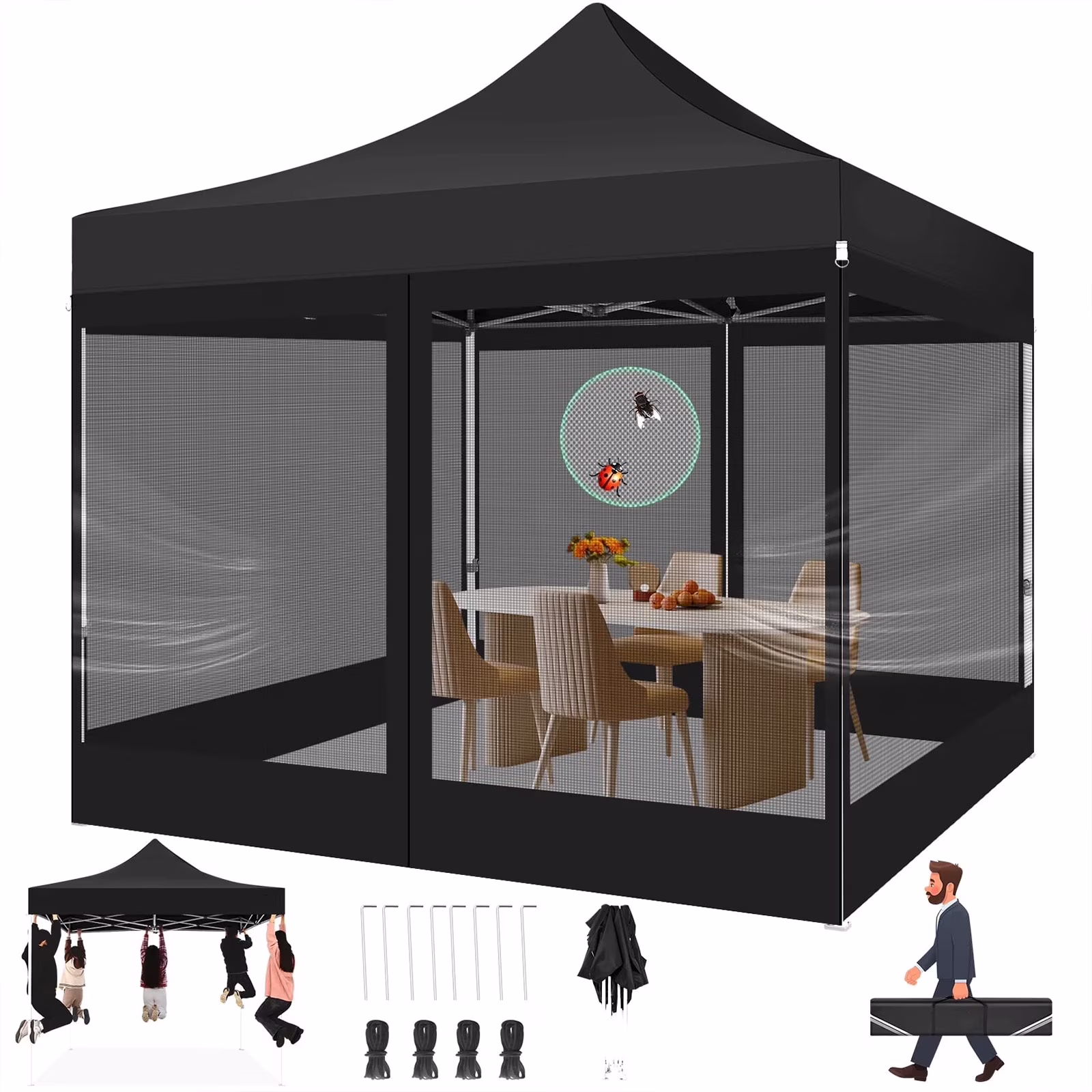 10X10 Heavy Duty Pop up Canopy with Mosquito Net,Instant Outdoor Shelter Large Canopy Tent for Outside,Gazebo with Mesh Sidewalls for Party,Backyard,Camping,Black(10 x 10/Black)