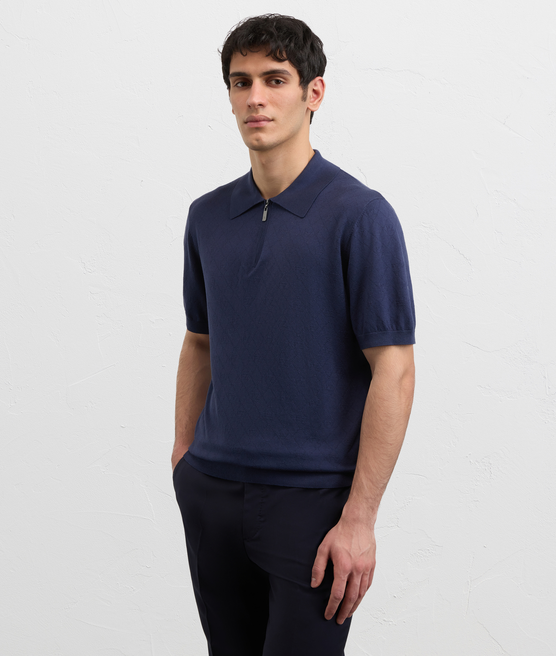 NAVY BLUE JACQUARD SILK AND COTTON KNITTED SHORT SLEEVED POLO SHIRT