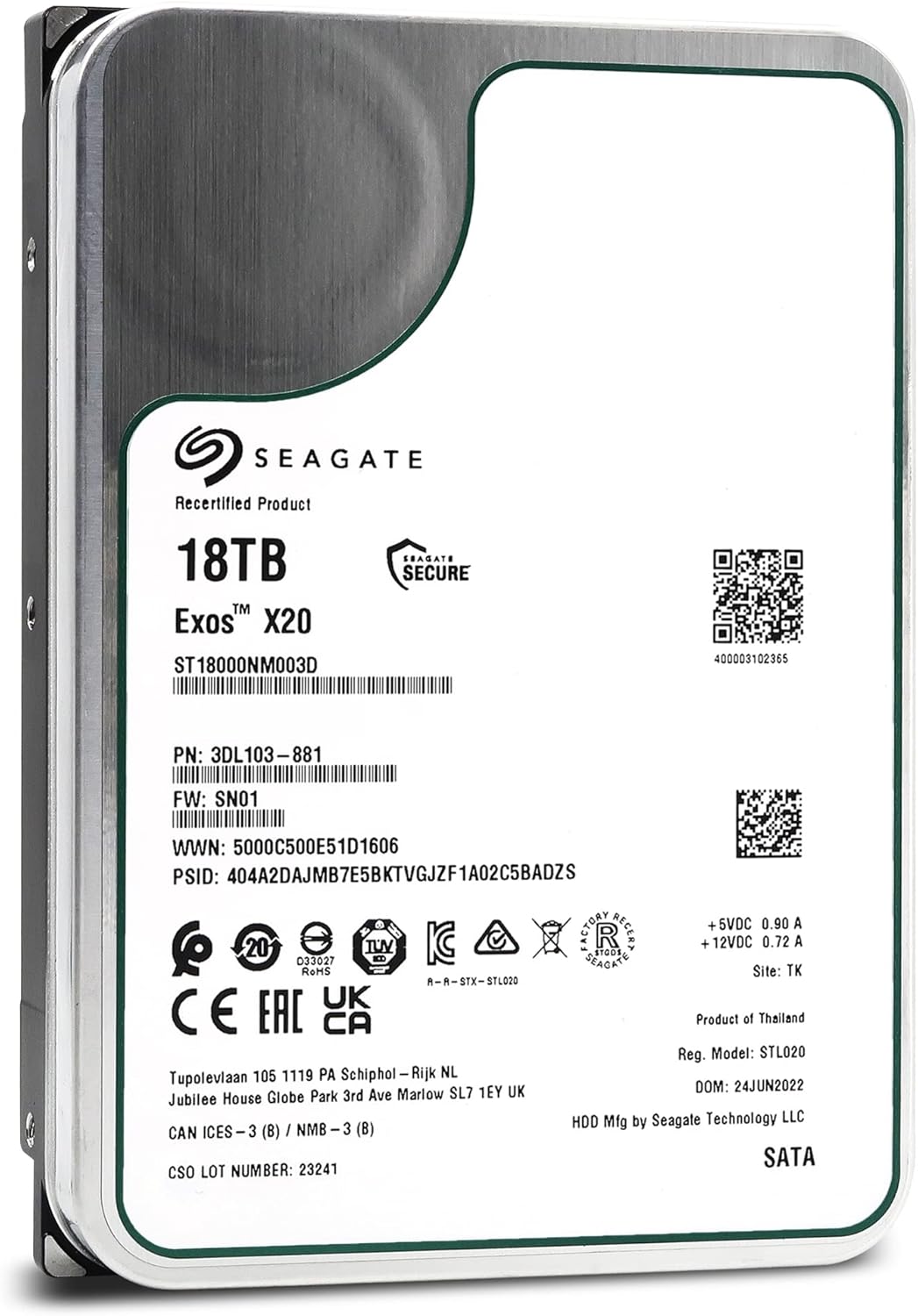 Seagate Exos X20 18TB 7200 RPM 512e SATA 6Gb/s 3.5