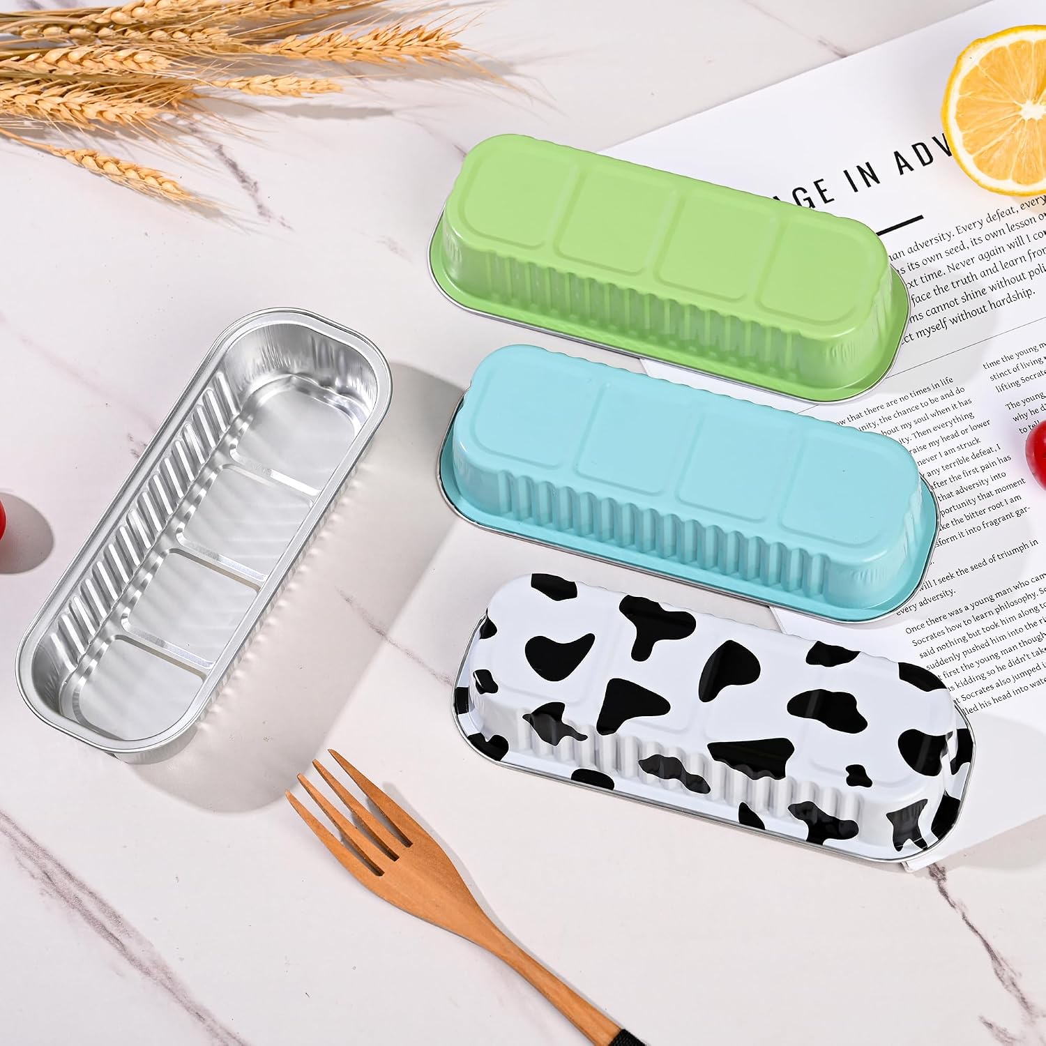 Findful Mini Loaf Baking Pans with Lids and Spoons (50 Pack, 6.8oz) Rectangular Aluminum Foil Baking Pans Tins Containers - Cupcake Containers Wrappers Cheesecake Creme Brulee Ramekins