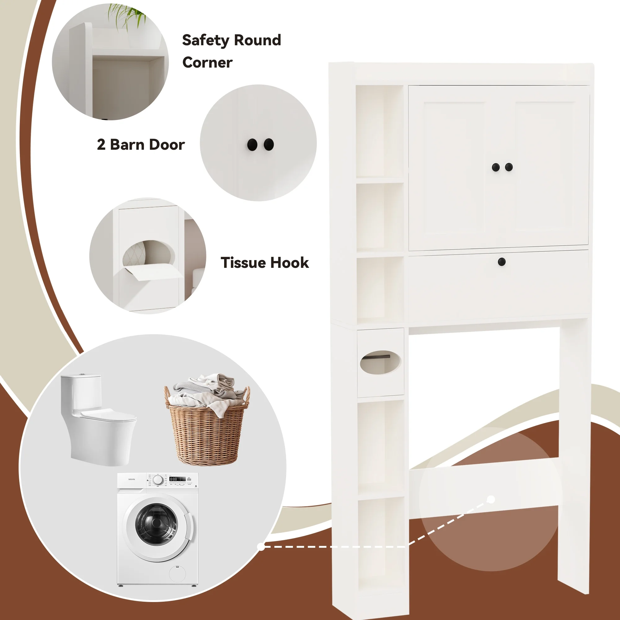 Over The Toilet Storage Cabinet,Bathroom Storage Cabinet with Wooden Doors,Bathroom Organizer Over-The-Toilet Cabinet(White)(White) - Image 6