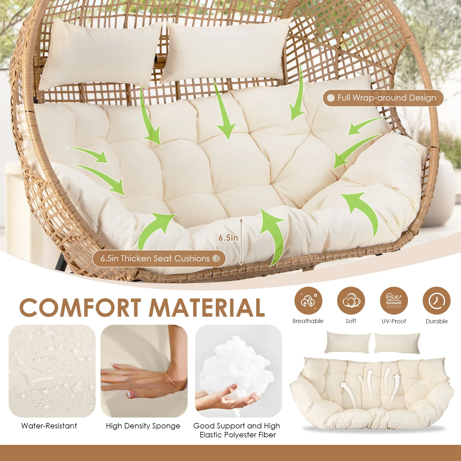 Double Egg Chair for 2 Person, Oversized Wicker Loveseat with Thick Cushions, 680 lbs Capacity, Indoor Outdoor Stationary Patio Lounge Chair for Balcony, Garden, Beige(Beige/No Ottomans) - Image 8