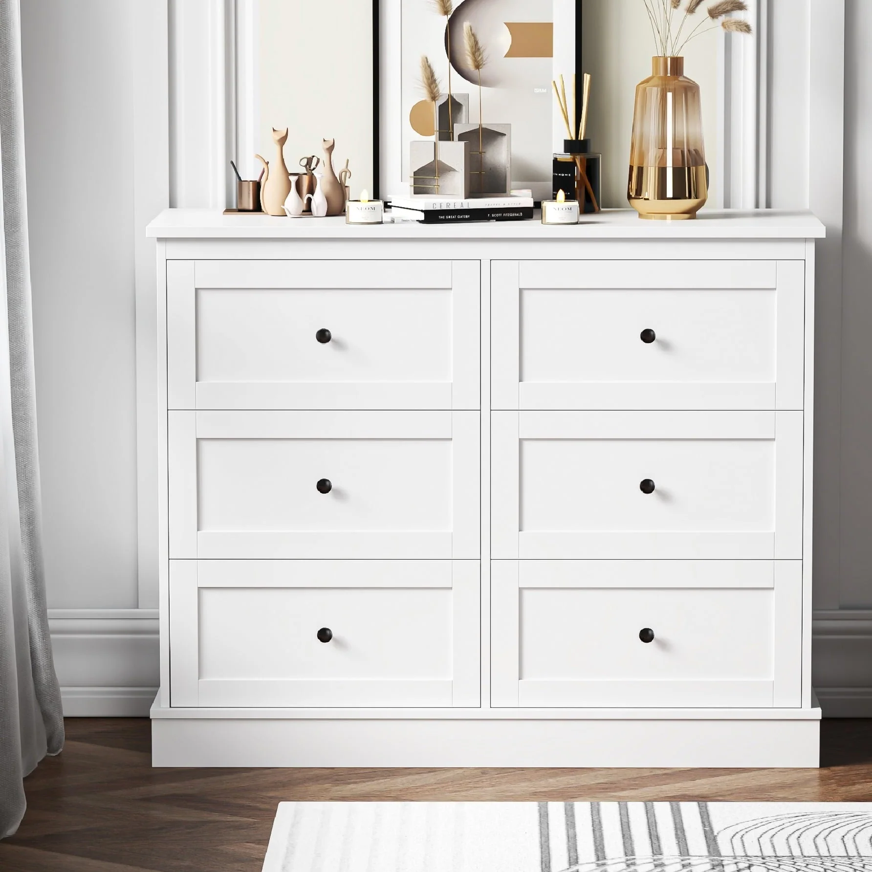 6 Drawer Double Dresser White, Wood Storage Cabinet for Living Room, Chest of Drawers for Bedroom Image 10