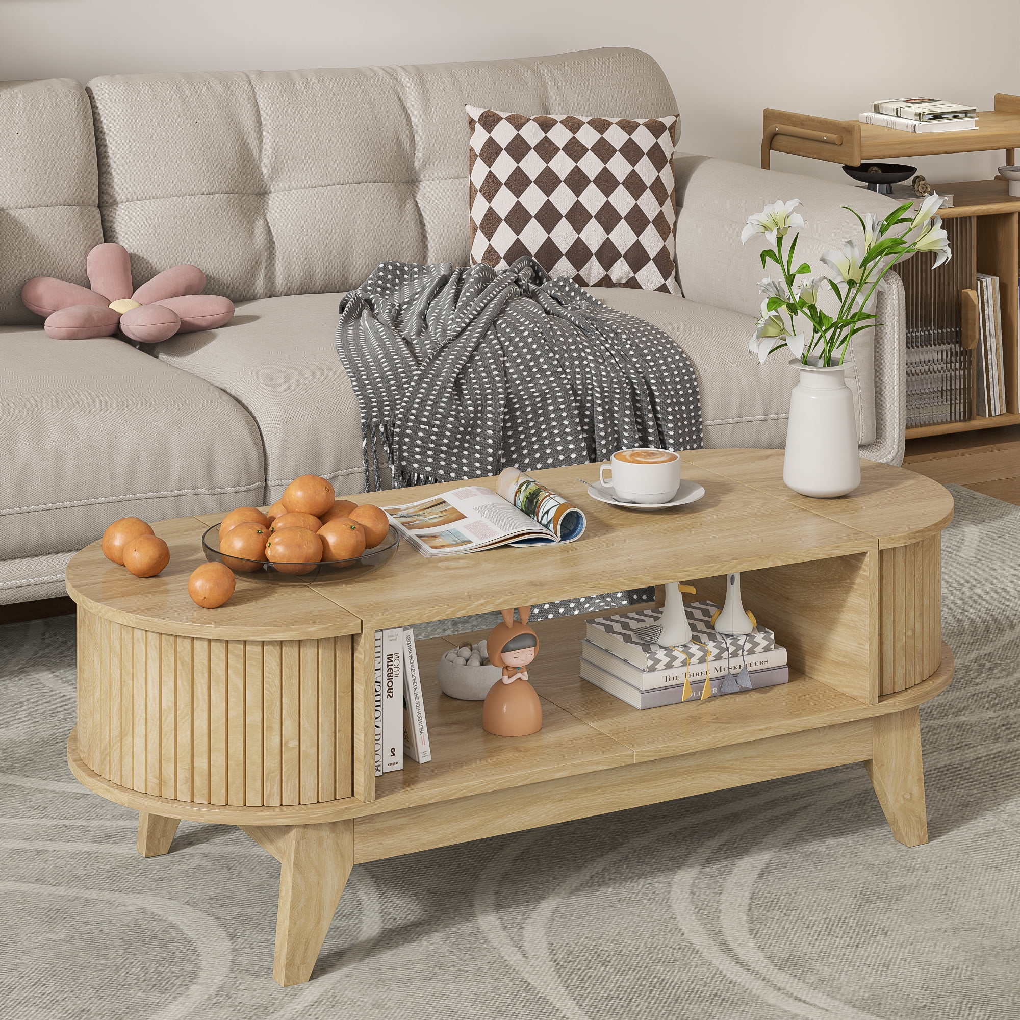 Fluted Coffee Table with Storage, Modern Coffee Tables, Wood Accent Center Table(Wood) - Image 2