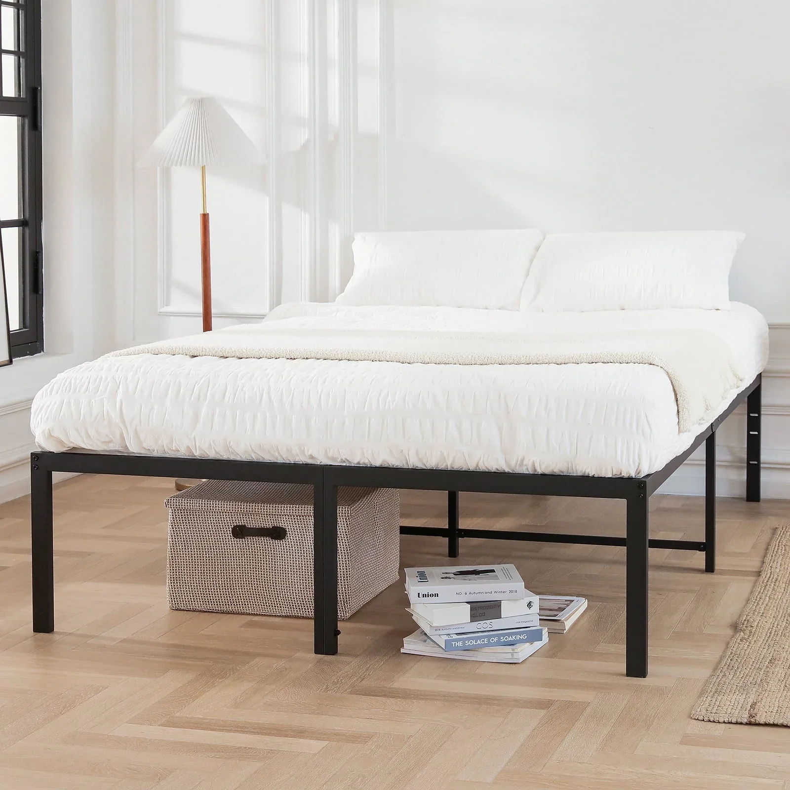 Lusimo Queen Bed Frame Heavy Duty Anti-Slip Support Metal Platform Bed Frame Queen Size with 16 Large Under Bed Storage Space Easy Lock Assembly