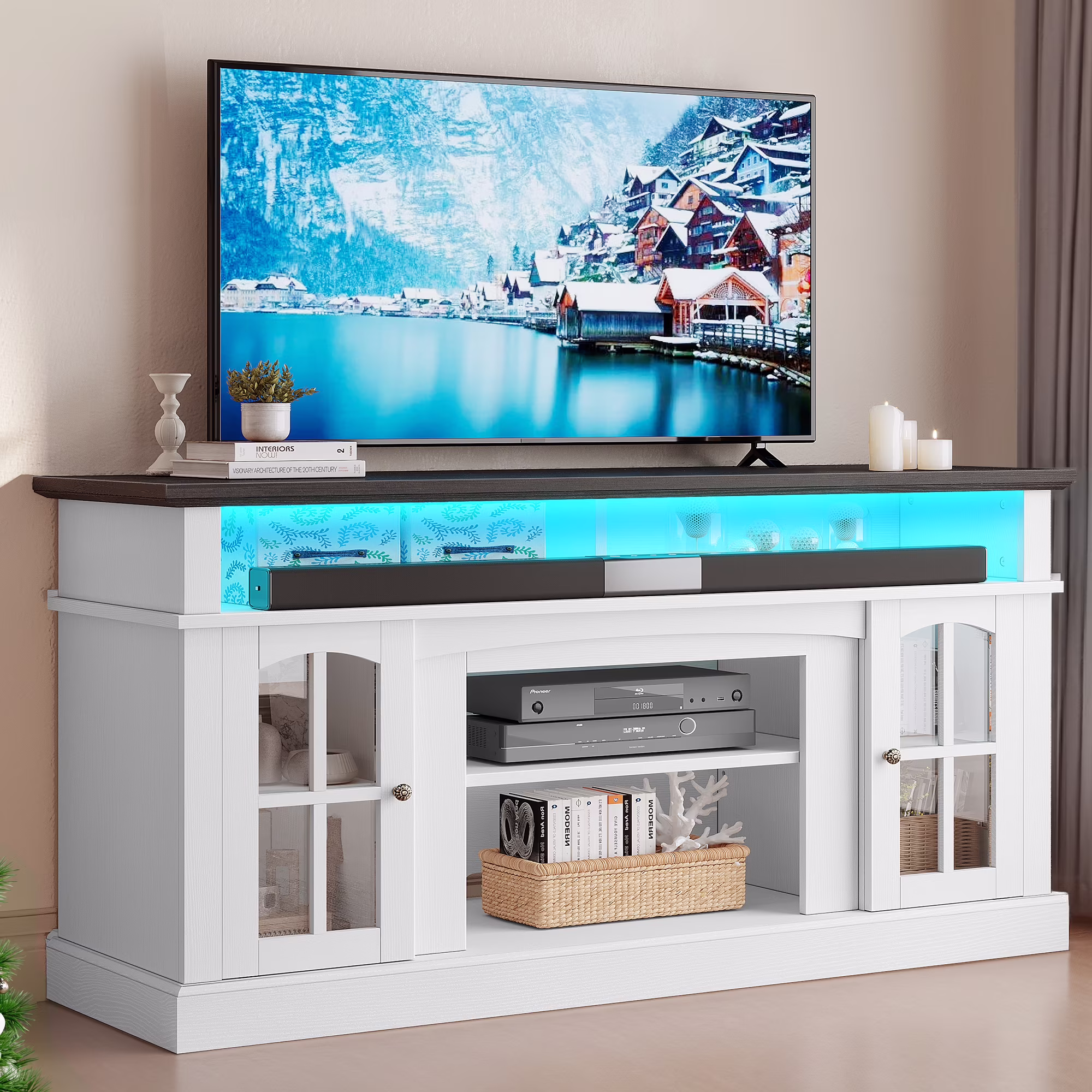 Farmhouse LED TV Stand for TVs up to 65'', Wood TV Media Console Entertainment Center for Living Room, White(White)