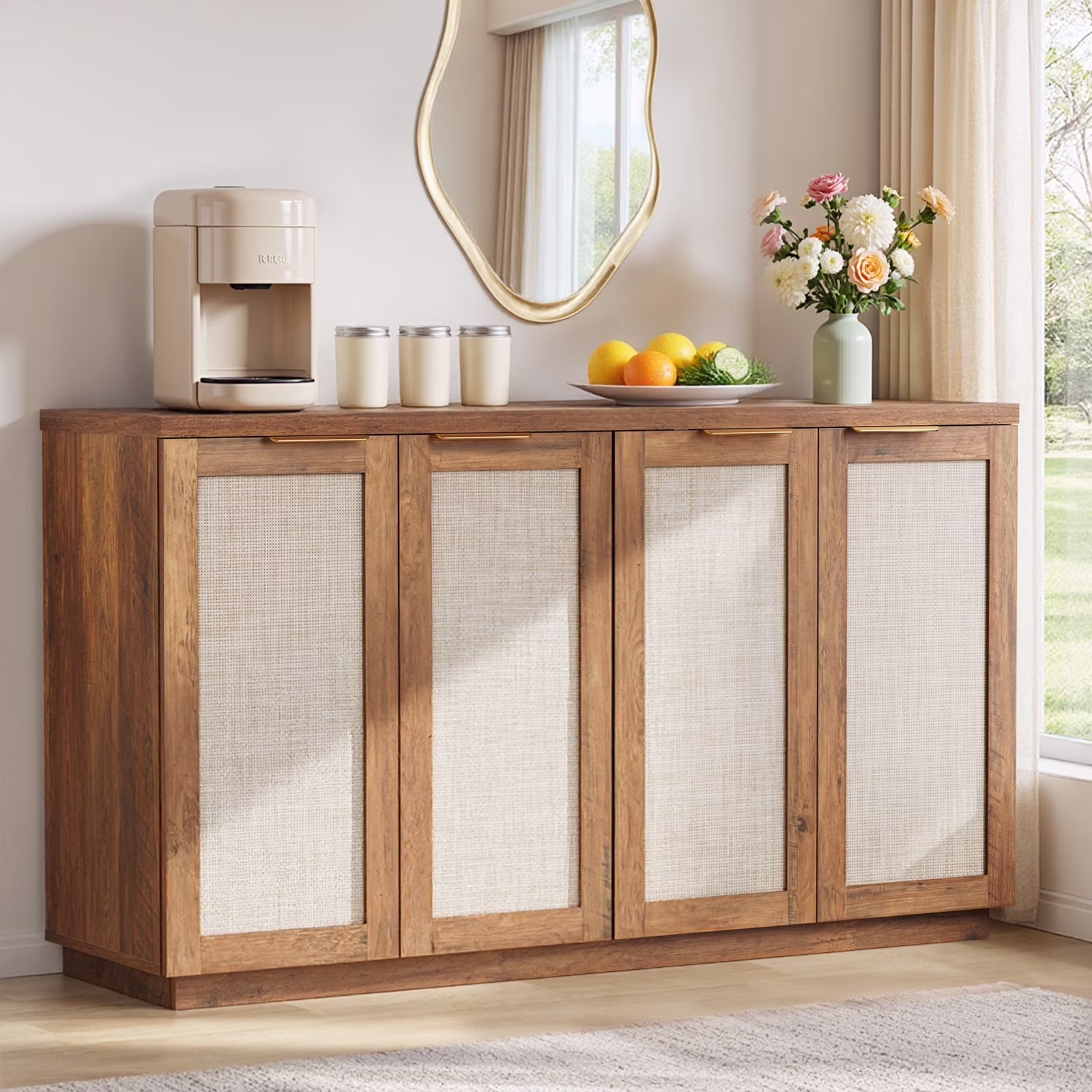Sideboard Buffet Cabinet Rattan Kitchen Storage Organizer with 5-Position Adjustable Shelf 2 Doors Boho Farmhouse Accent Cabinets TV Console for Living Dining Room Coffee Bar(31.5" x 15.55" x 31.5"/Single) - Image 5