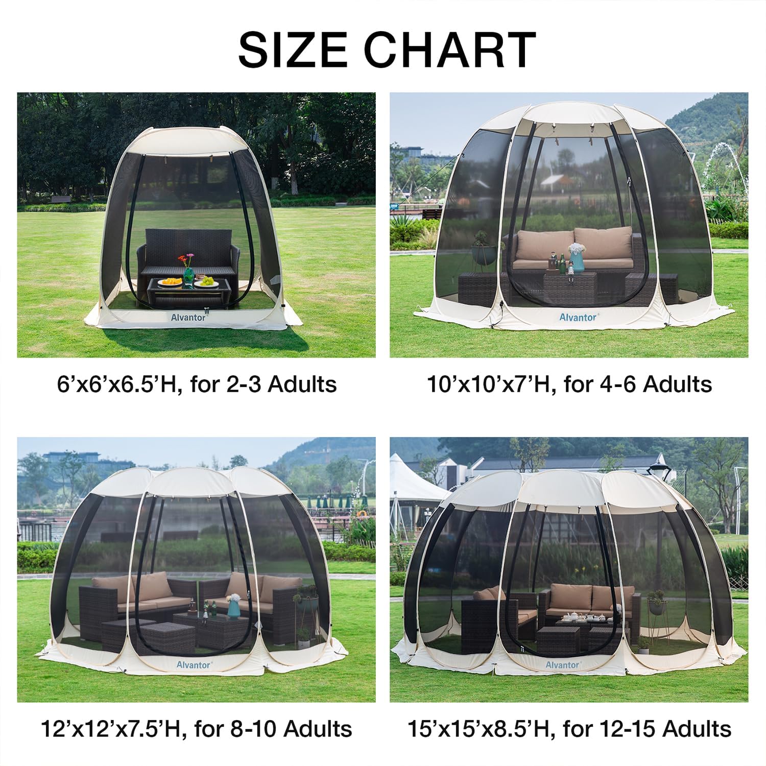 Gazebo moustiquaire pouvant accueillir 6, 10 ou 15 personnes. Tente de style igloo avec moustiquaire latérale. Idéal
