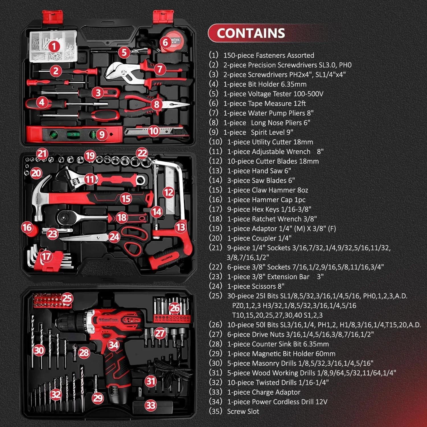 276-Piece Tool Set Kit with 12V Cordless Drill & Storage  -  Home Improvement Tools