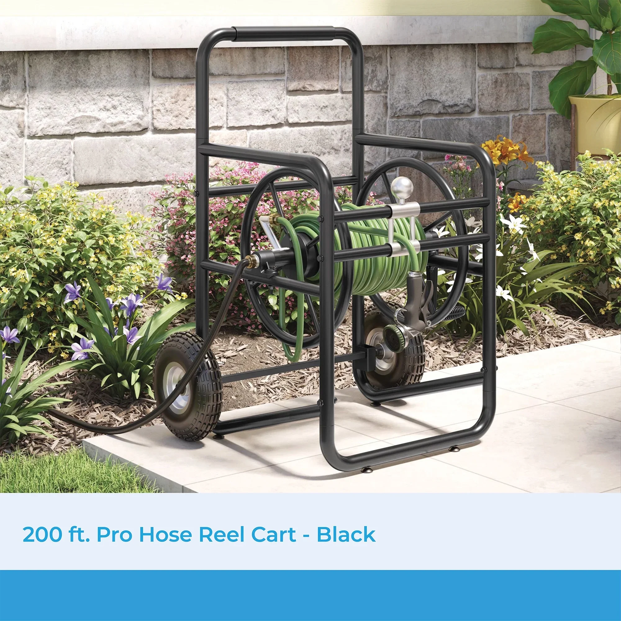 Suncast Professional Outdoor Garden Hose Reel Cart for 200' of Hose, Black