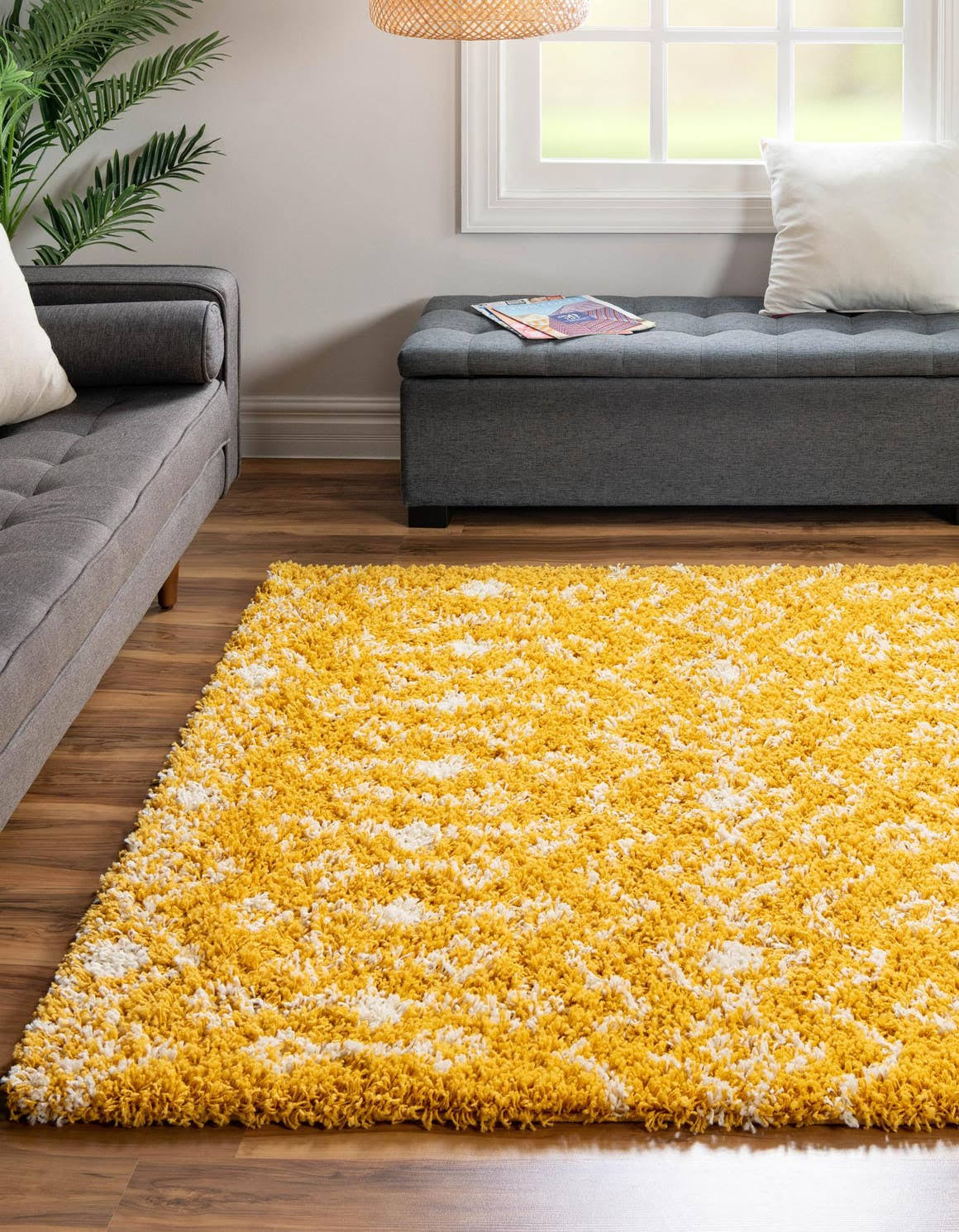 Unique Loom Moroccan Trellis Shag 6 ft Square Yellow Abstract, Geometric Area Rug