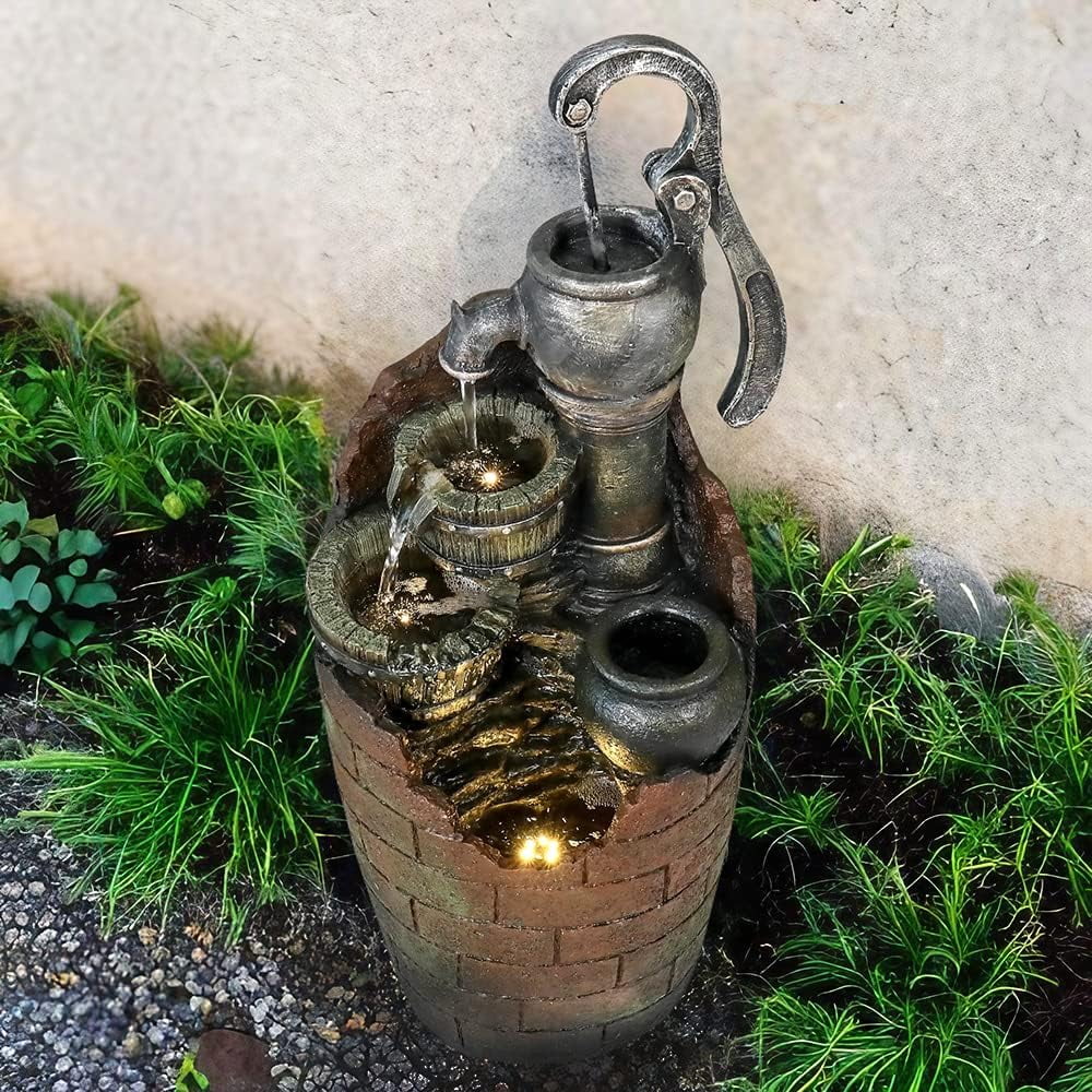 watnature 32.6' Tall Barrel Fountain with Adjustable Pump - 4-Tier Cascading Water Feature, Rustic Style Garden Waterfall for Indoor, Outdoor