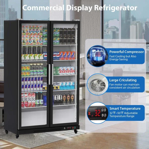 Réfrigérateur commercial à porte vitrée avec éclairage LED – Vitrine réfrigérée verticale pour boissons, idéale pour la maison, les magasins, les gymnases ou les bureaux. Elle est dotée de deux portes battantes et d'une capacité de 39 pi³.
