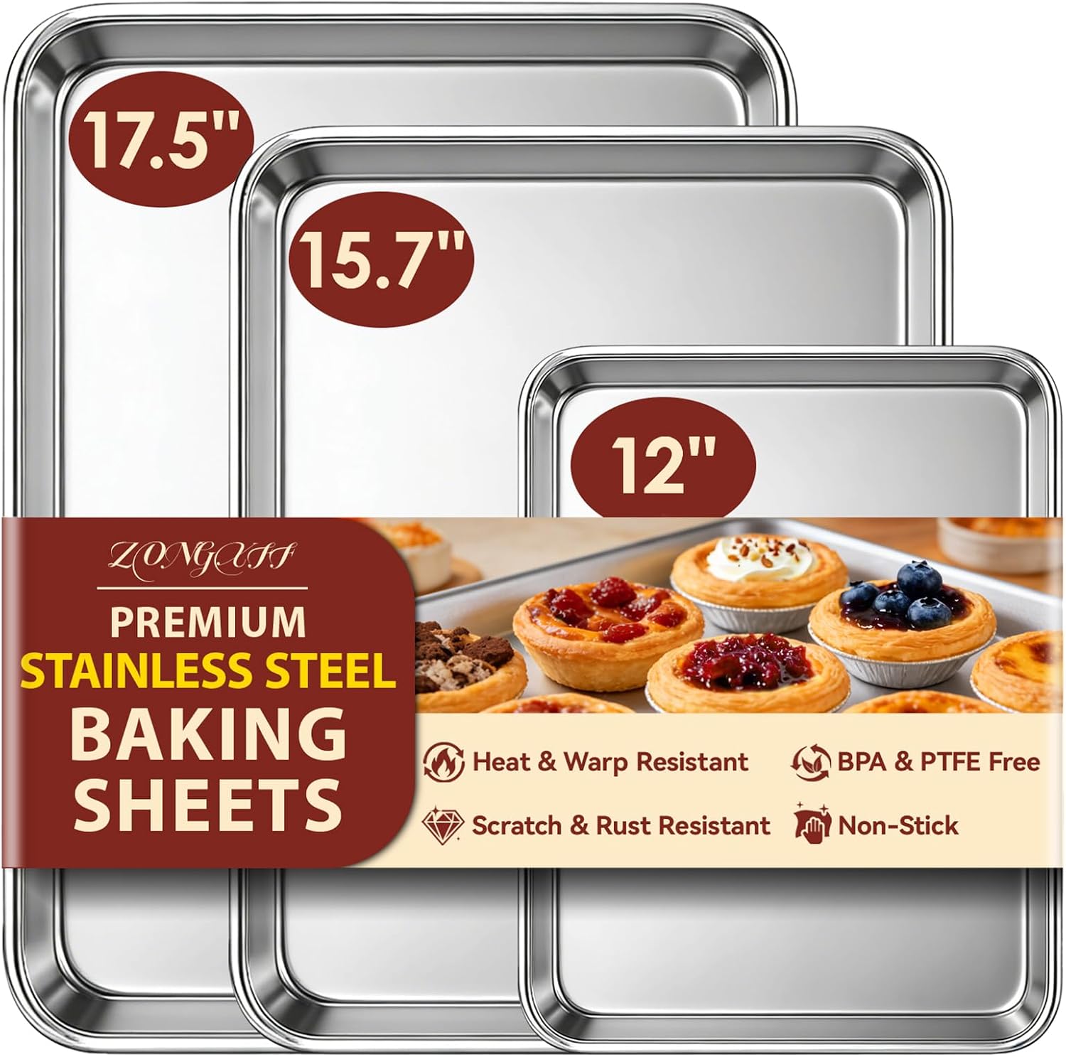 % Baking Sheet Set of 3: Stainless Steel Cookie Sheets for Baking