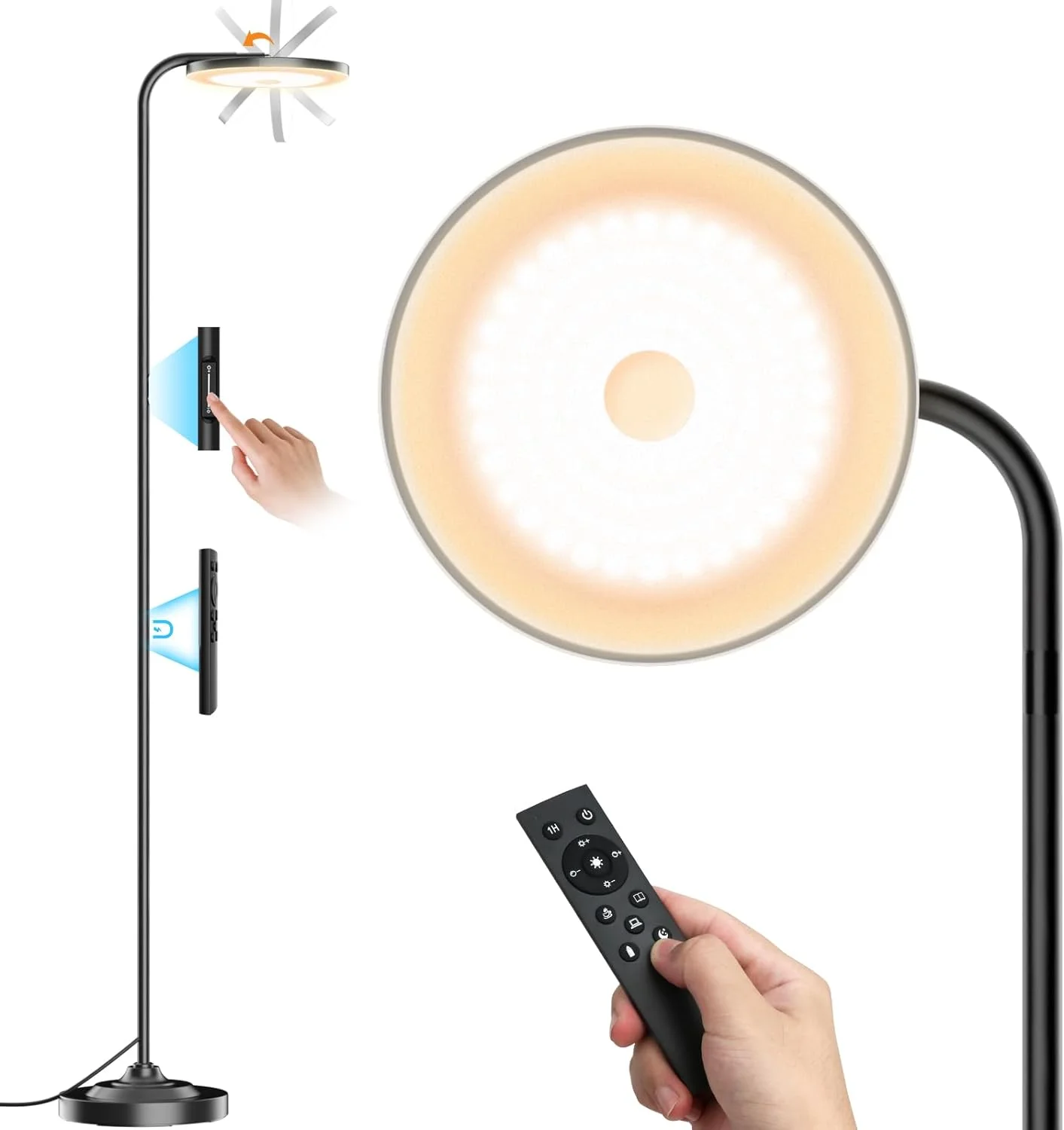 36W LED Floor Lamp, Super Bright Standing Lamp, Modern Stepless Dimmable Torchiere Tall Lamp with Remote Control, 350��Rotating Head Reading Floor Lamp for Living Room, Bedroom, Office(Black(CCT)) - Image 8