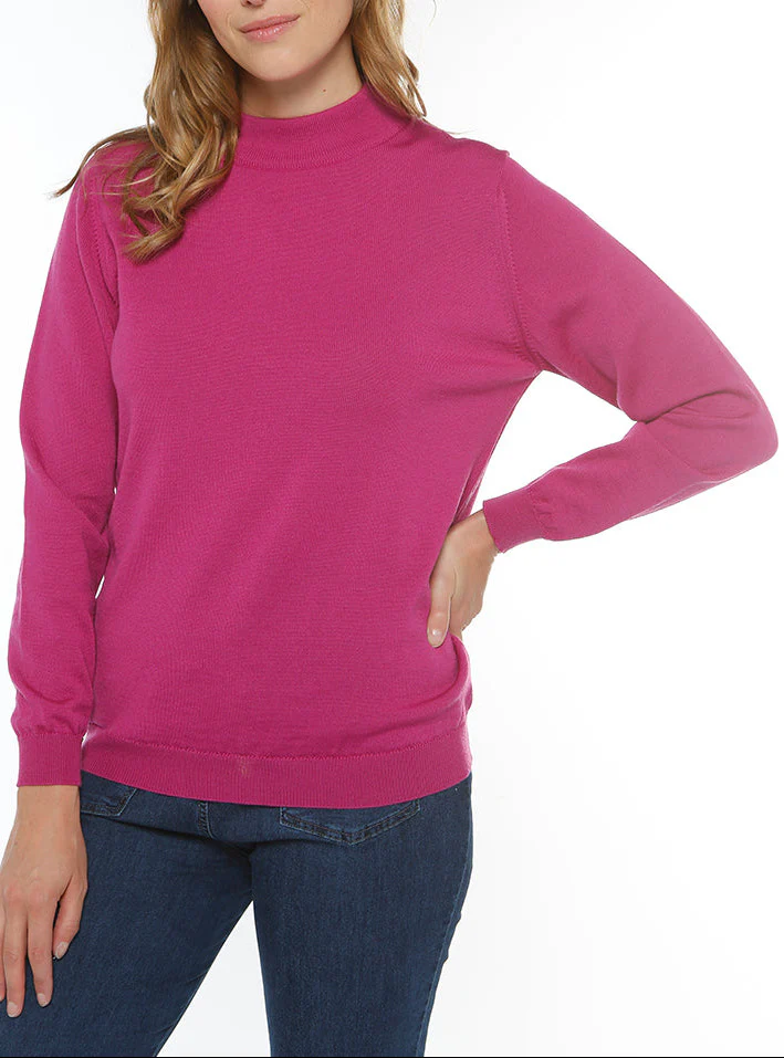 Pull femme col cheminée laine mérinos rose fuchsia